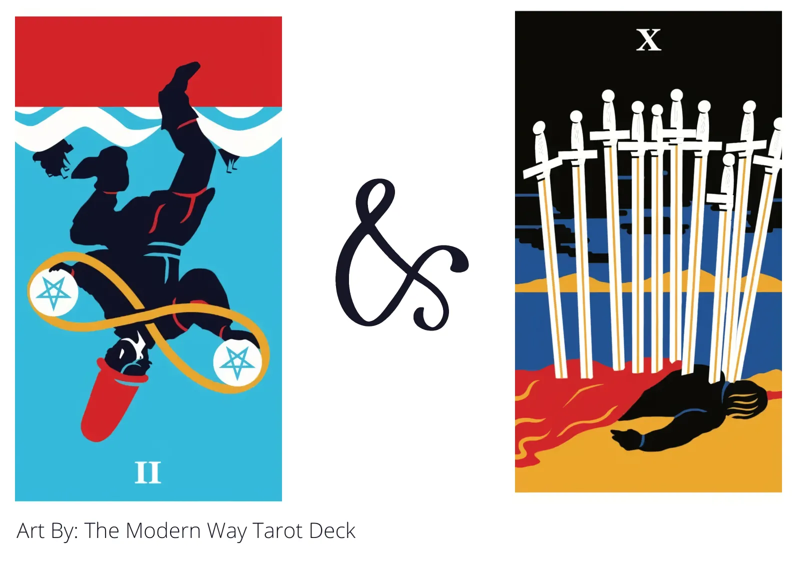 two of pentacles reversed and ten of swords tarot cards together