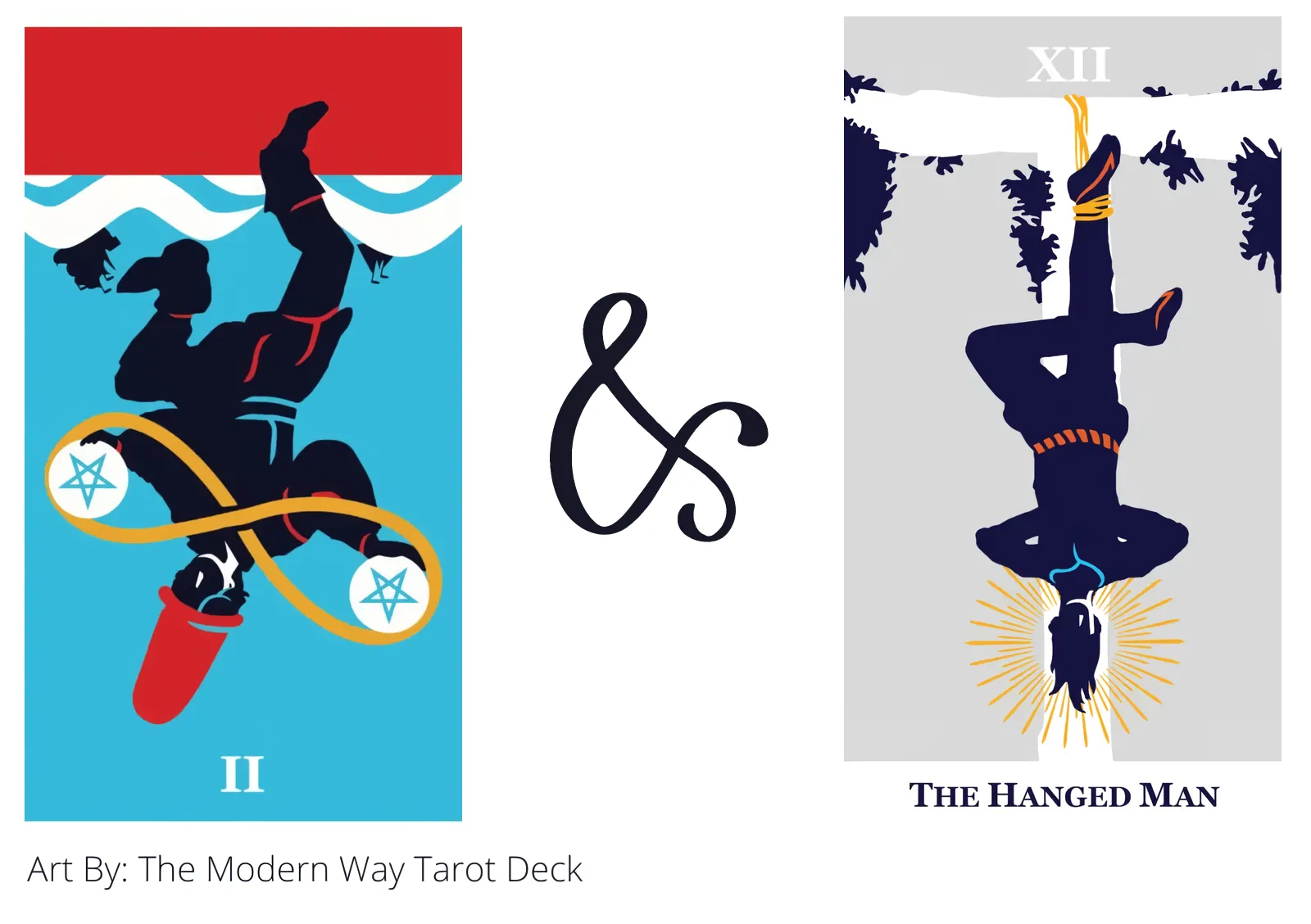 two of pentacles reversed and the hanged man tarot cards together
