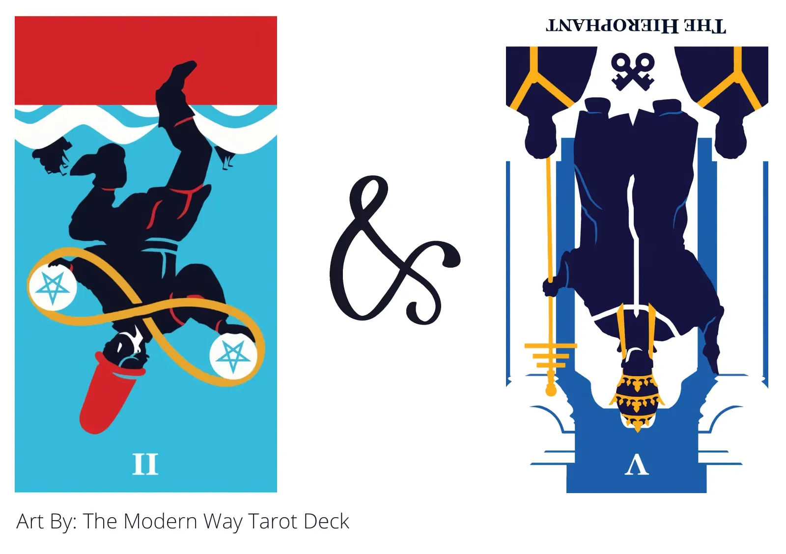 two of pentacles reversed and the hierophant reversed tarot cards together