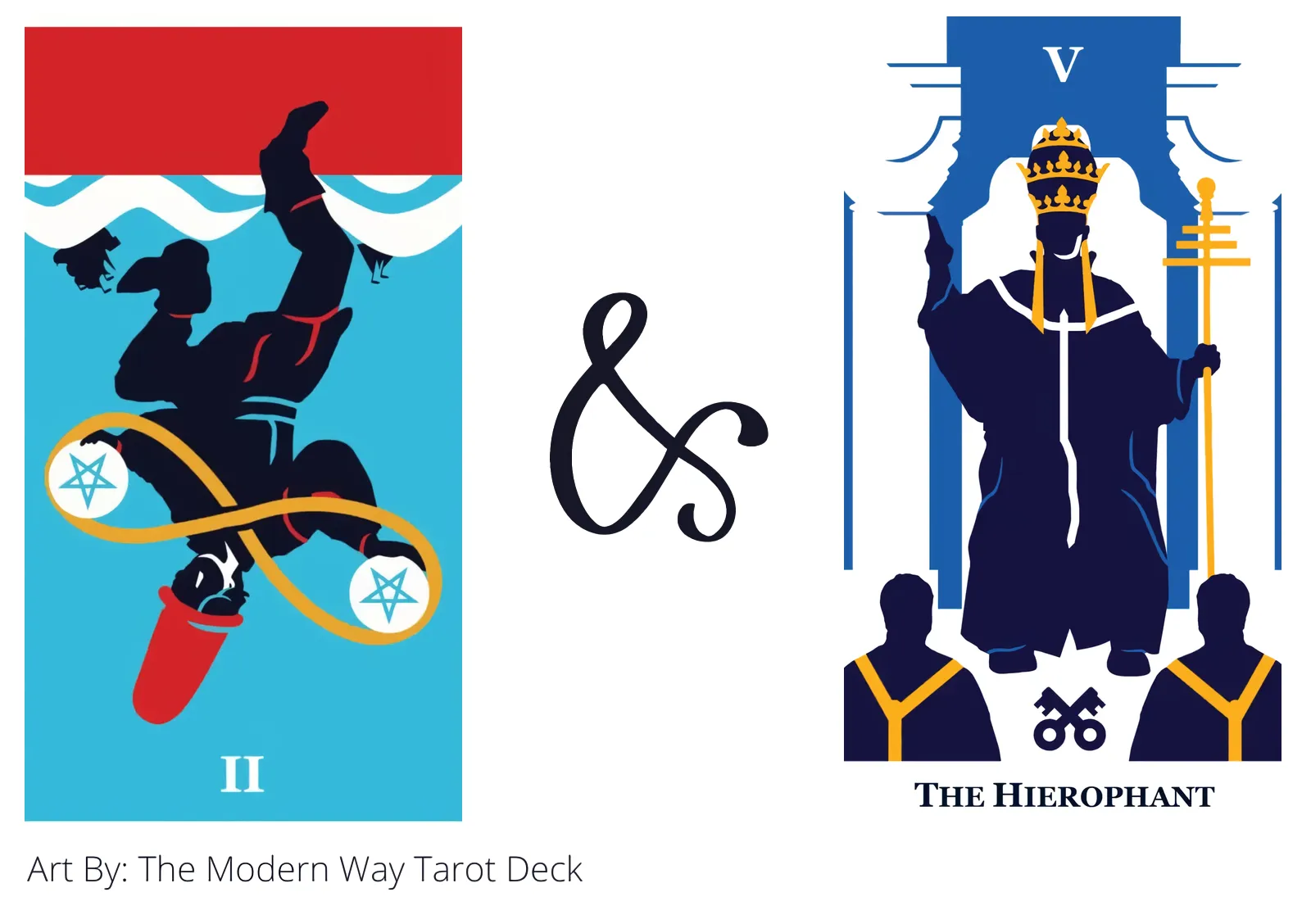two of pentacles reversed and the hierophant tarot cards together