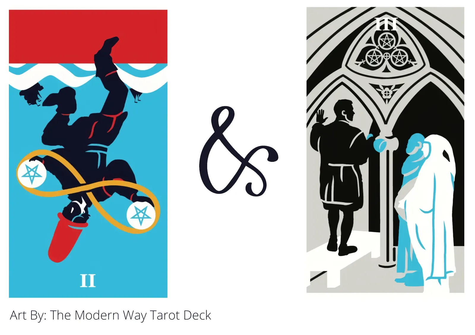 two of pentacles reversed and three of pentacles tarot cards together