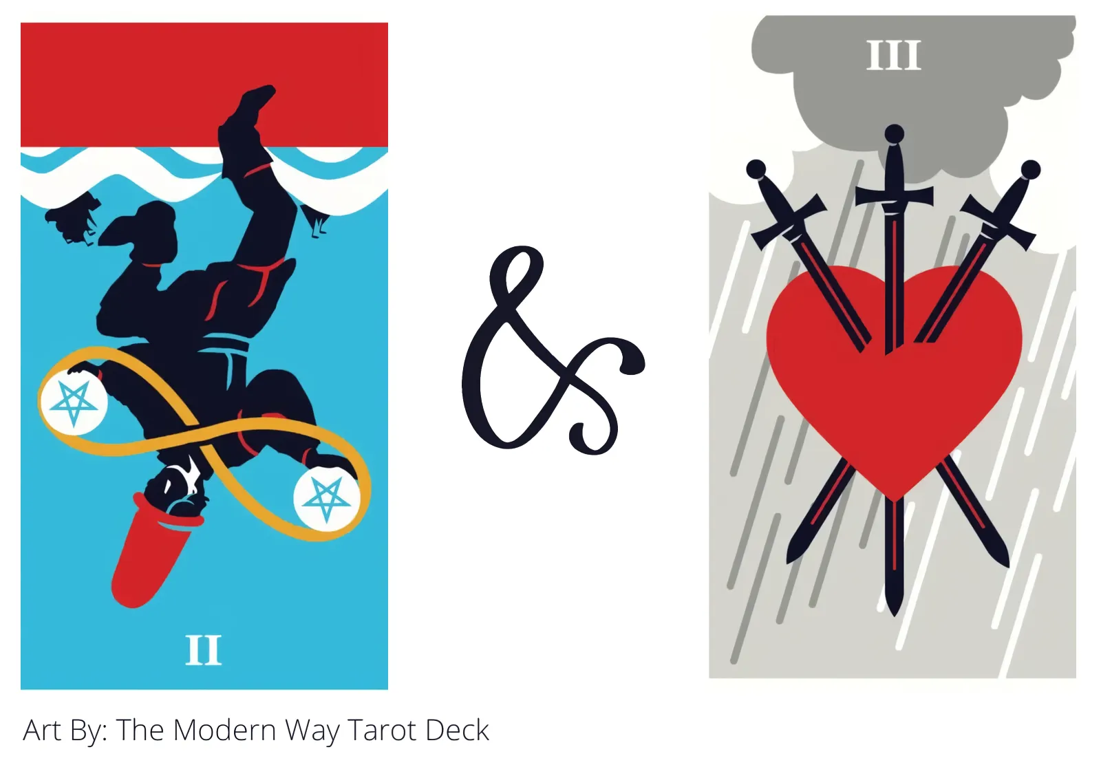 two of pentacles reversed and three of swords tarot cards together