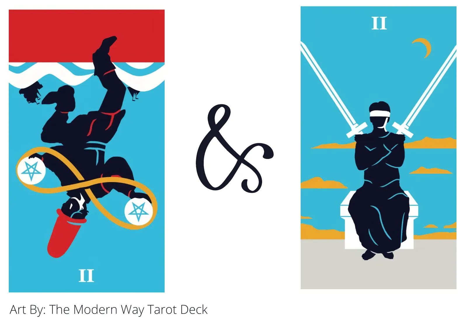 two of pentacles reversed and two of swords tarot cards together