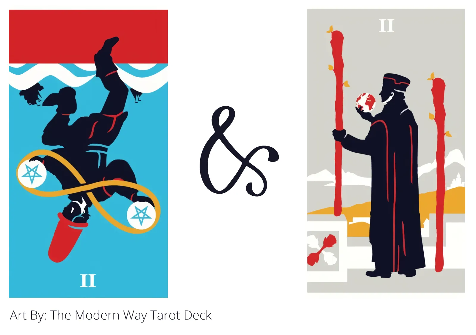 two of pentacles reversed and two of wands tarot cards together
