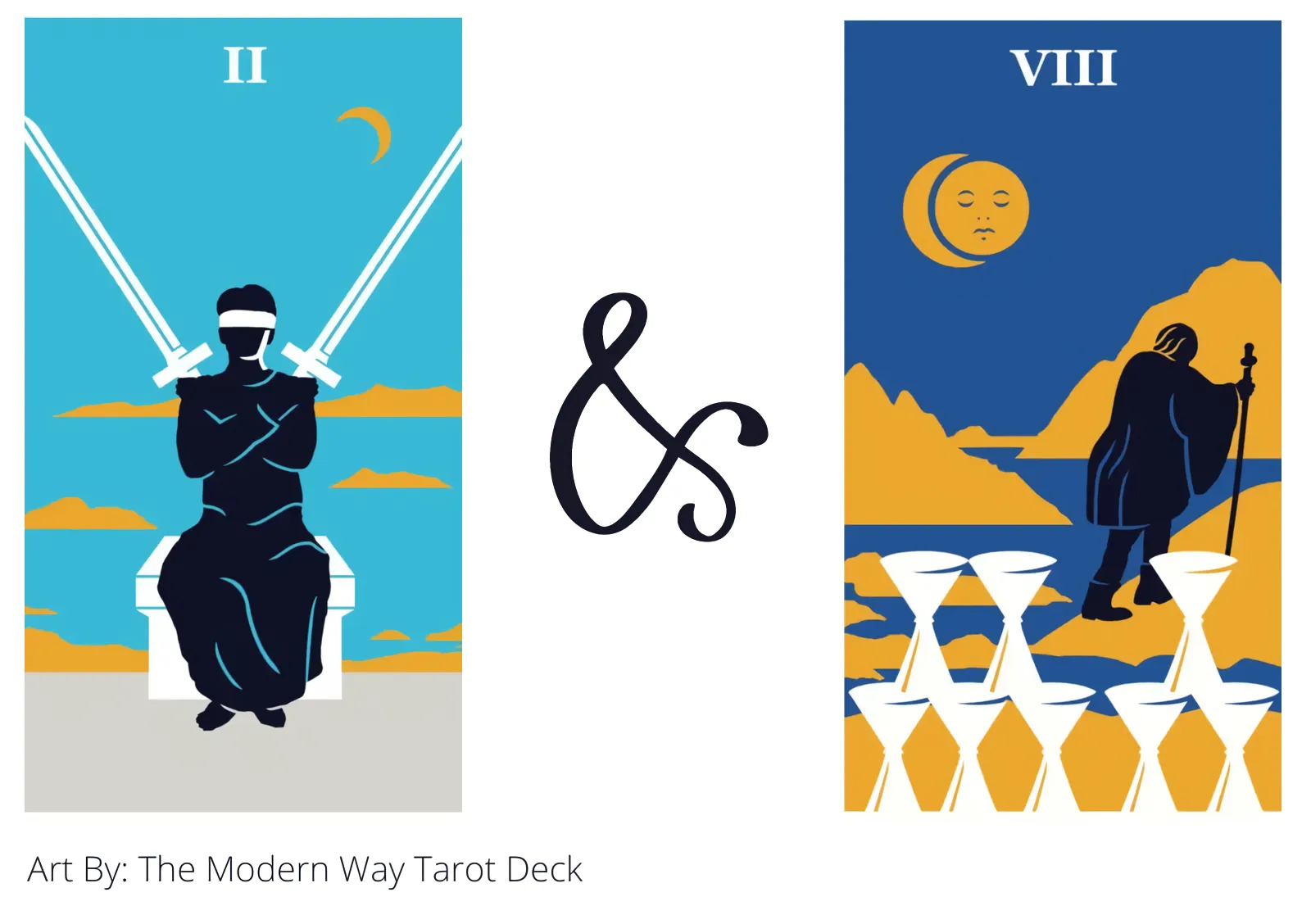 two of swords and eight of cups tarot cards together