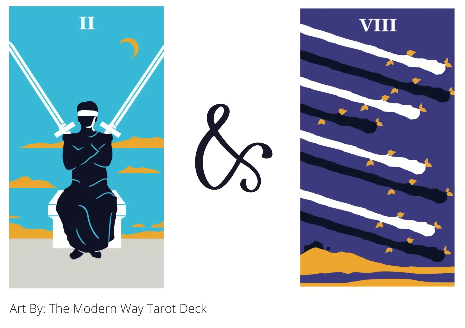 two of swords and eight of wands tarot cards together