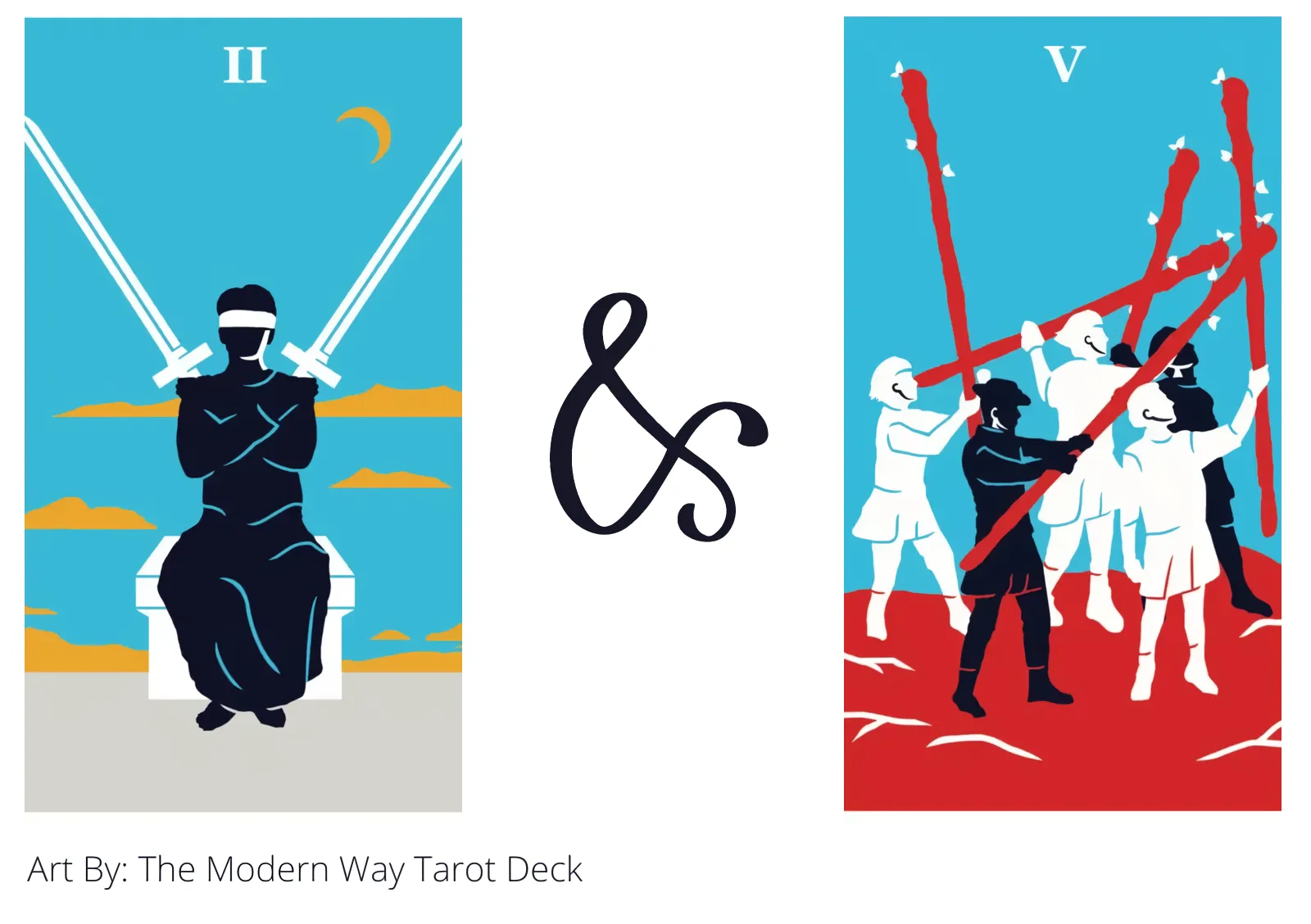 two of swords and five of wands tarot cards together