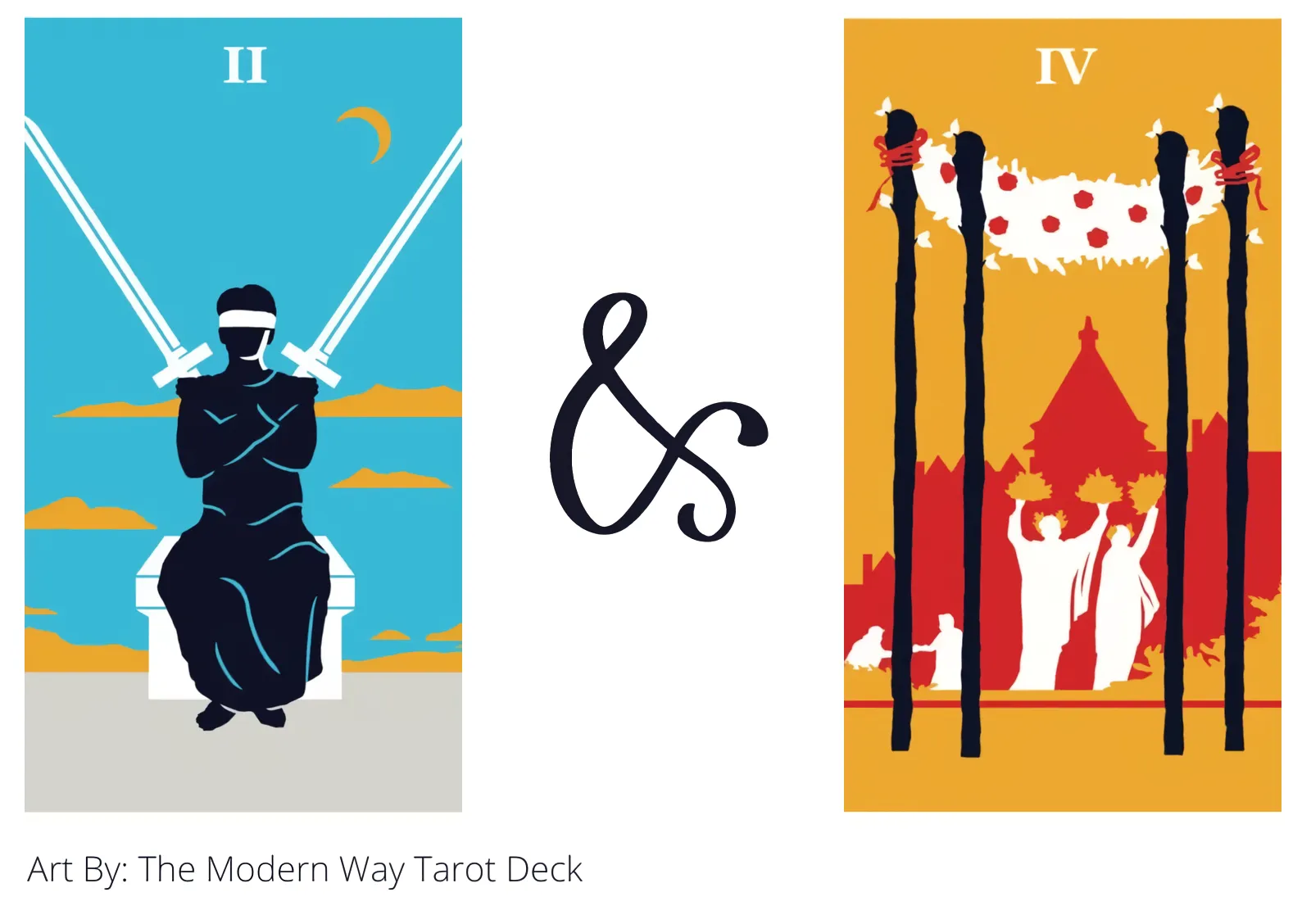 two of swords and four of wands tarot cards together