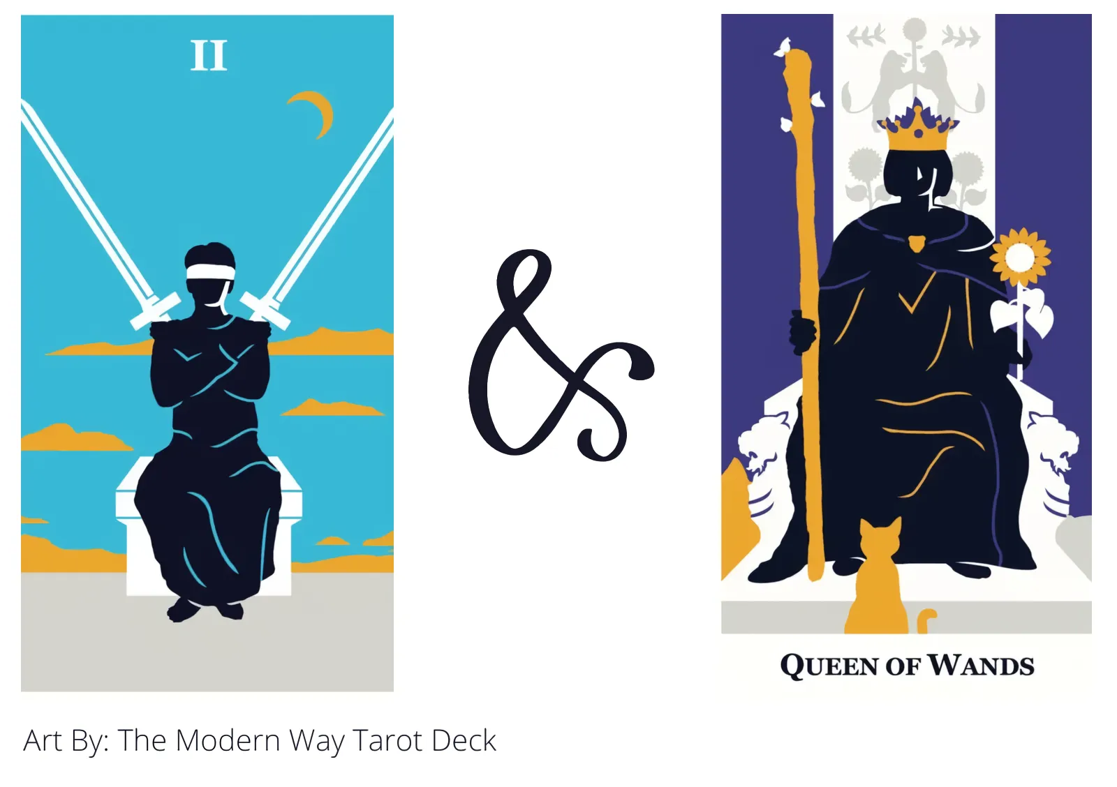 two of swords and queen of wands tarot cards together