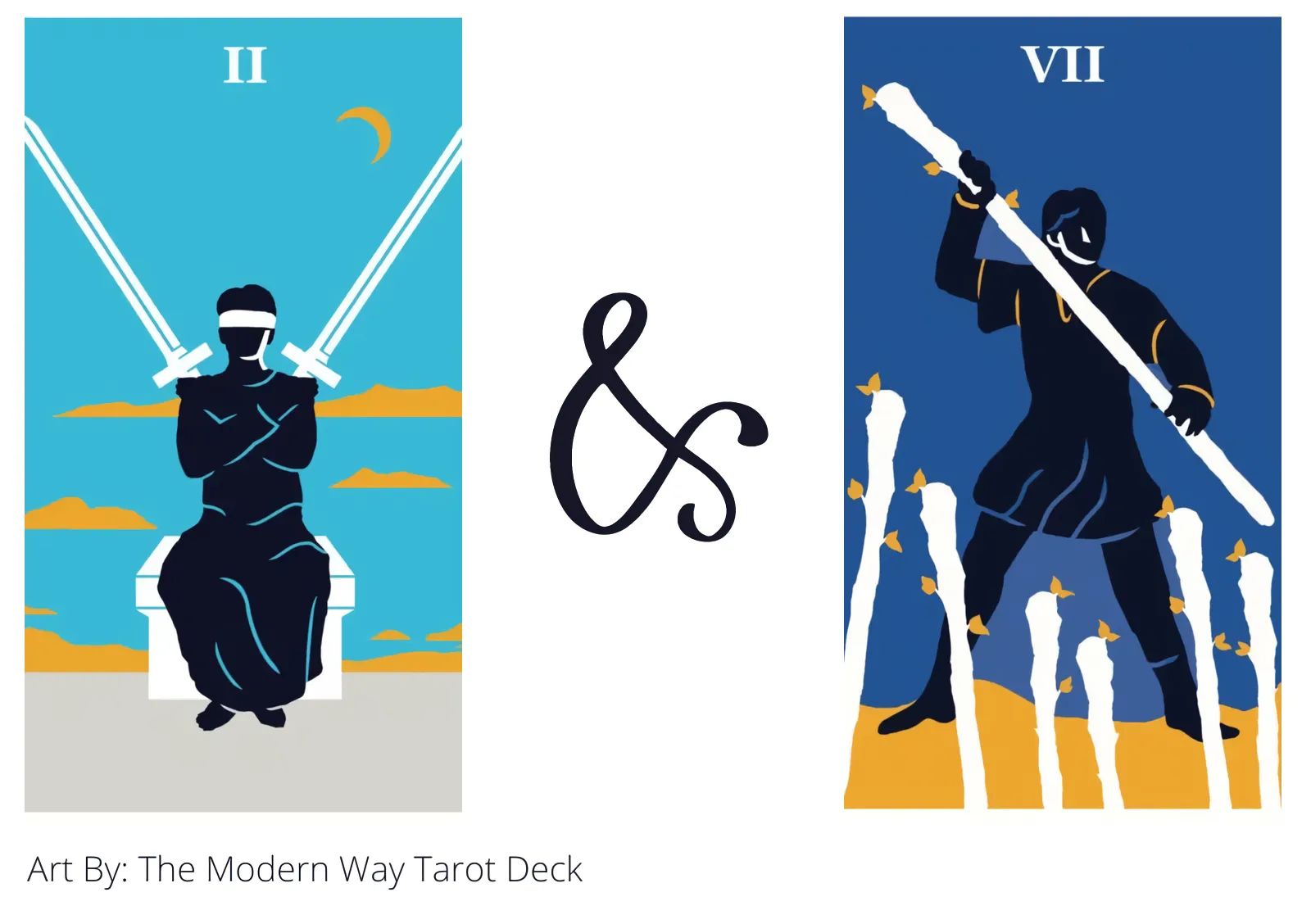 two of swords and seven of wands tarot cards together