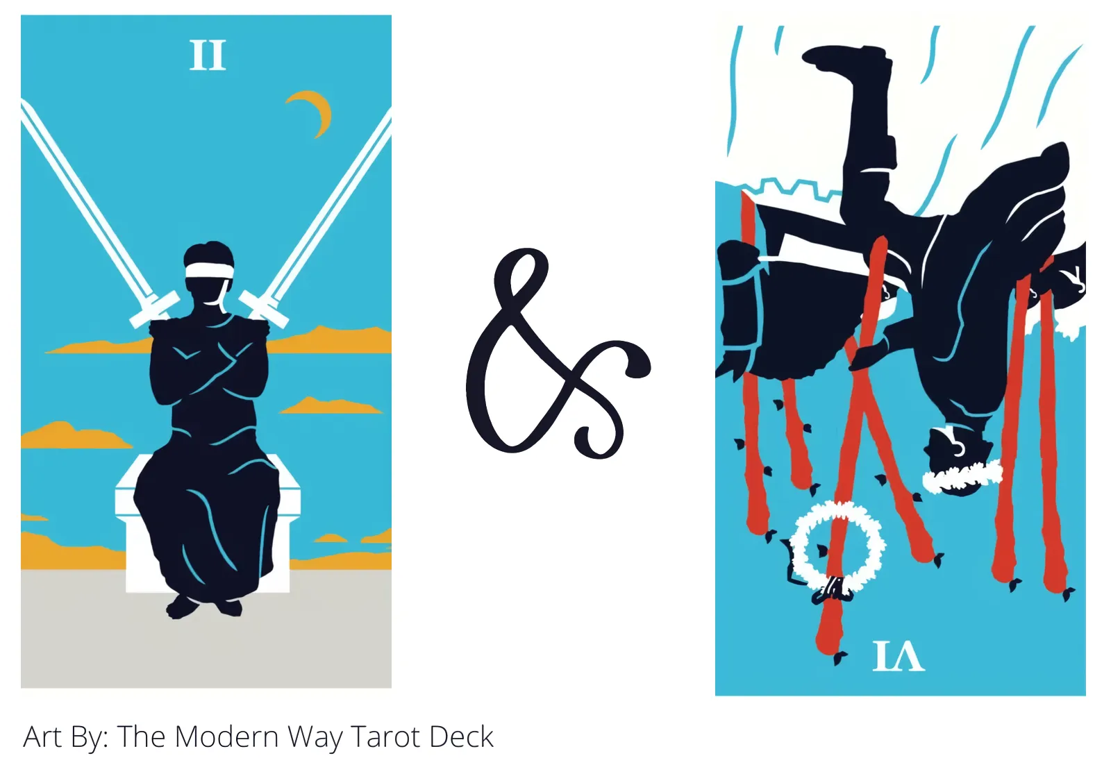 two of swords and six of wands reversed tarot cards together