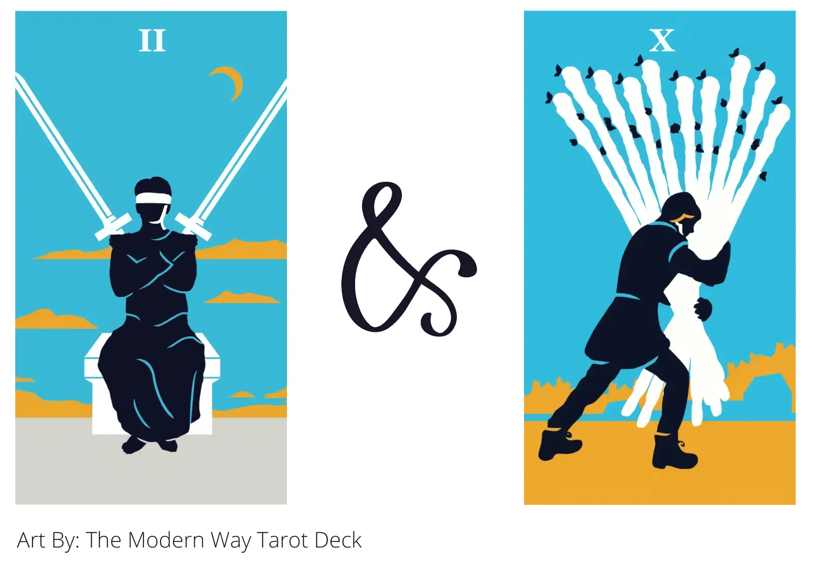 two of swords and ten of wands tarot cards together