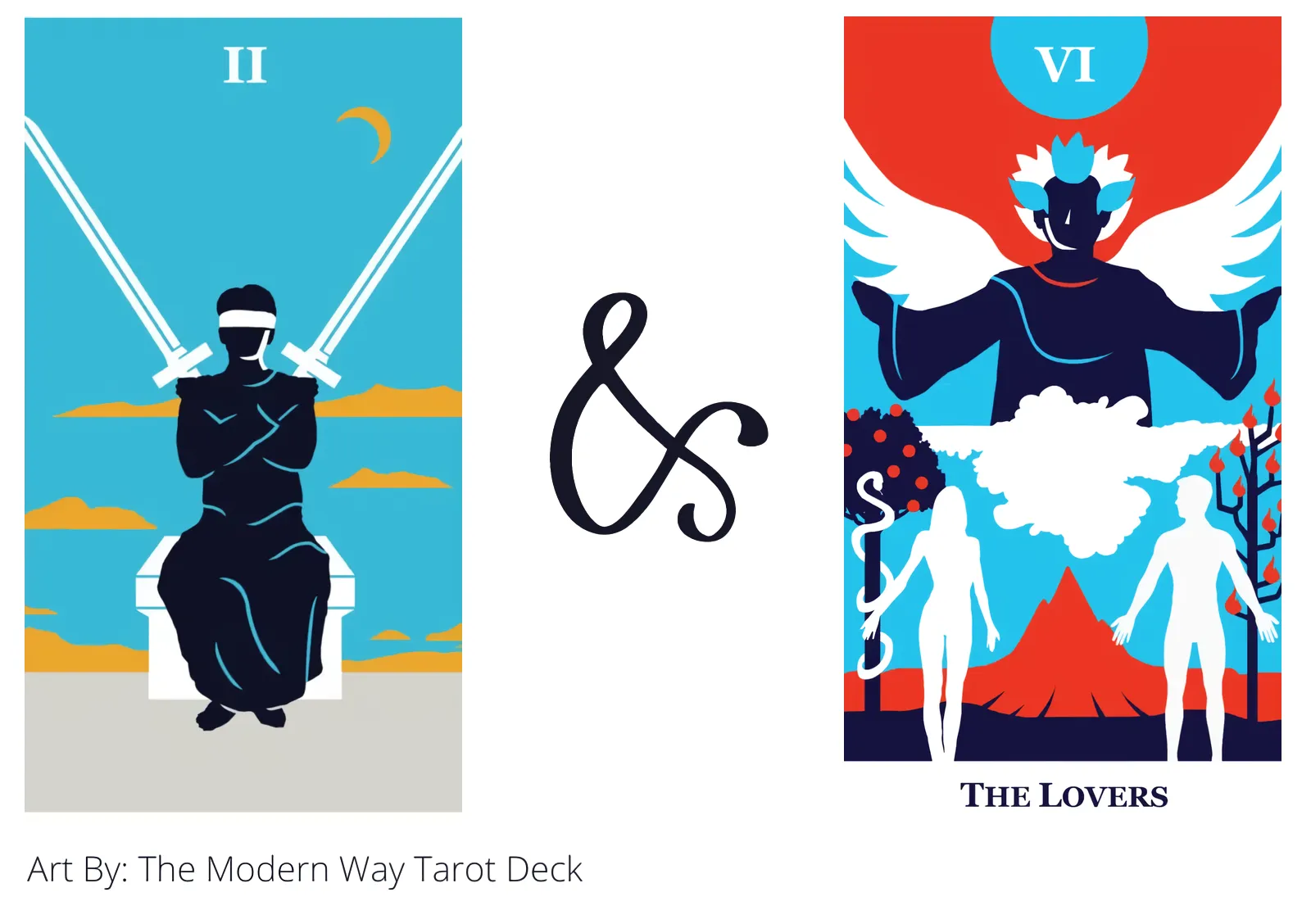 two of swords and the lovers tarot cards together