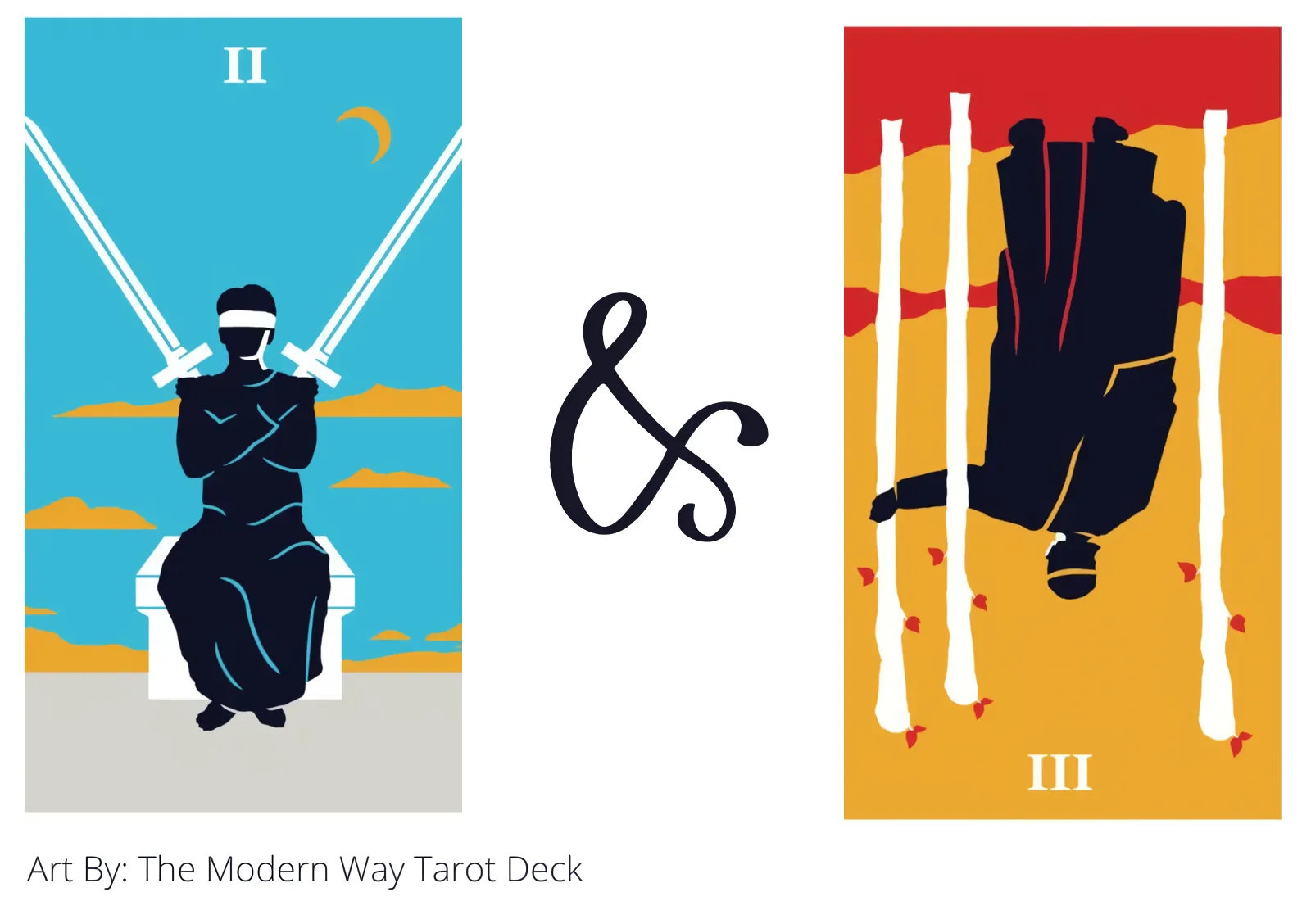 two of swords and three of wands reversed tarot cards together