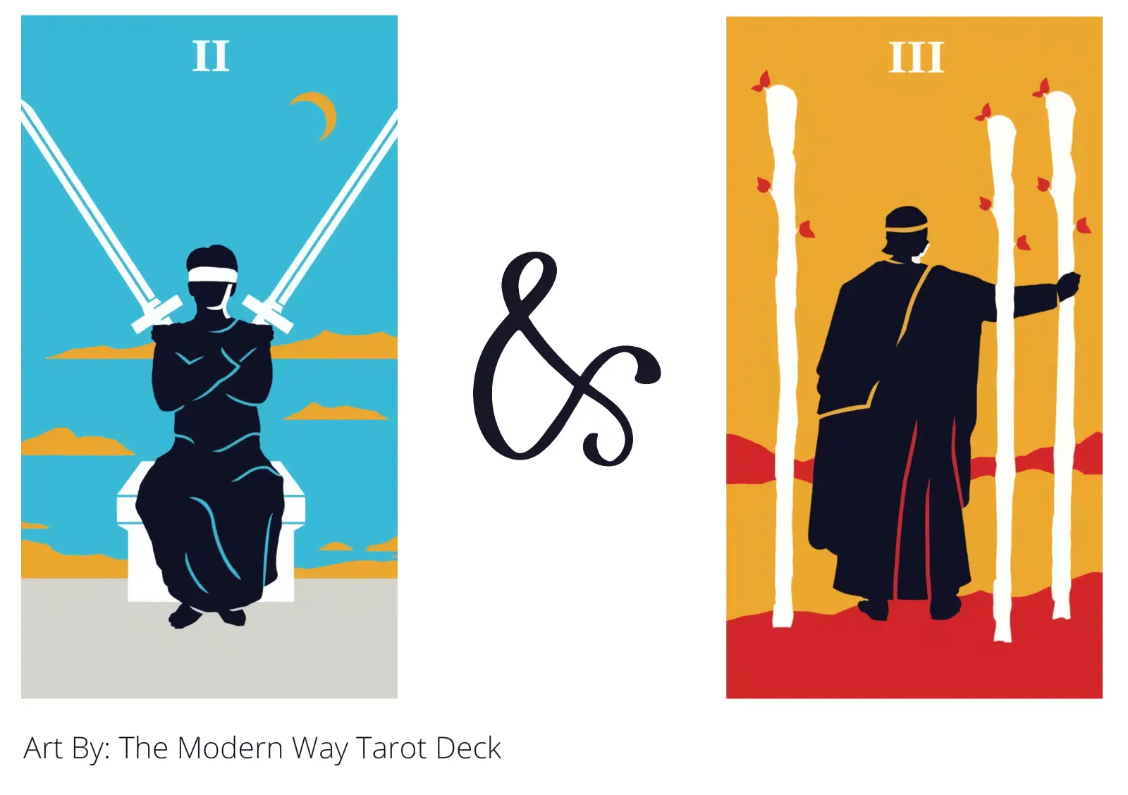 two of swords and three of wands tarot cards together