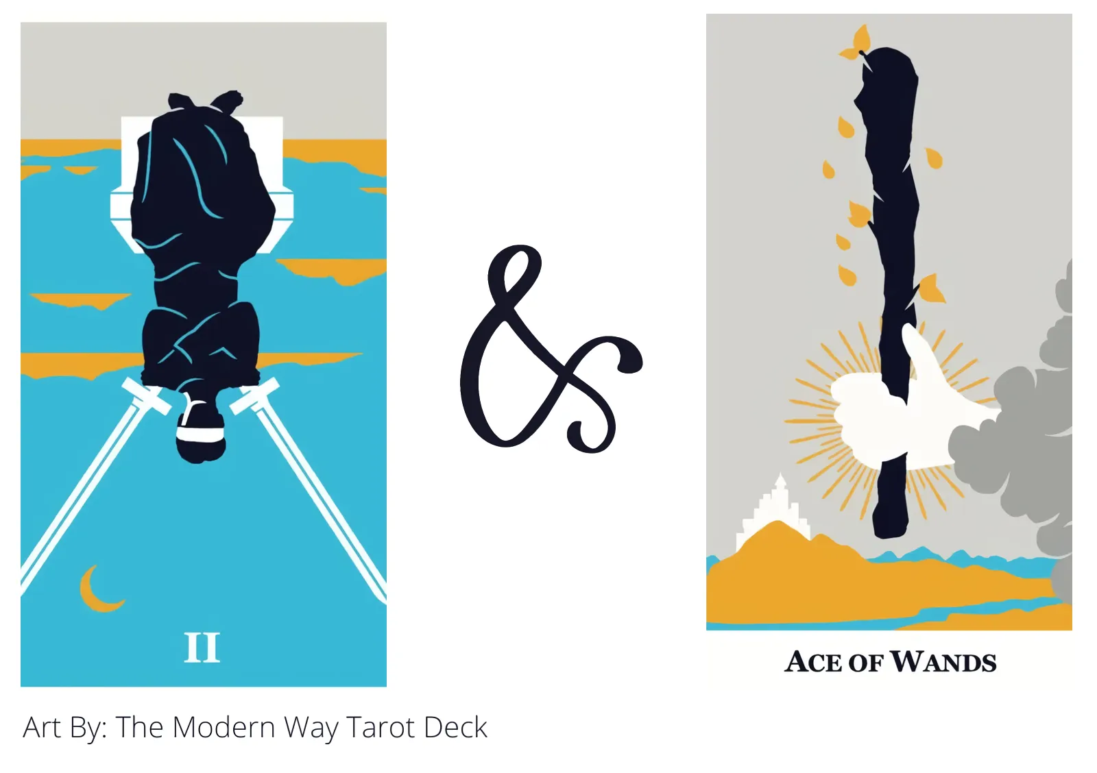 two of swords reversed and ace of wands tarot cards together