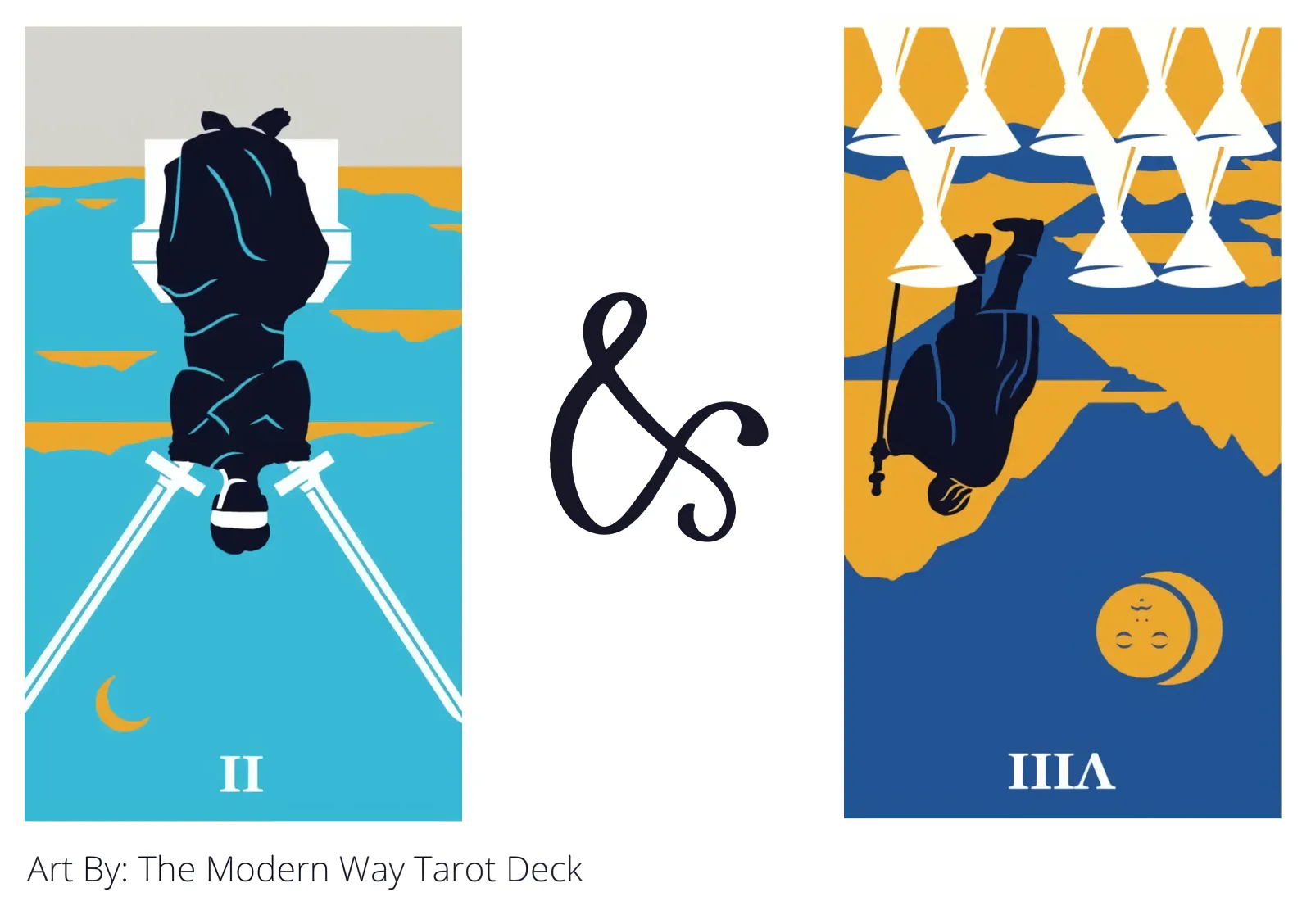 two of swords reversed and eight of cups reversed tarot cards together