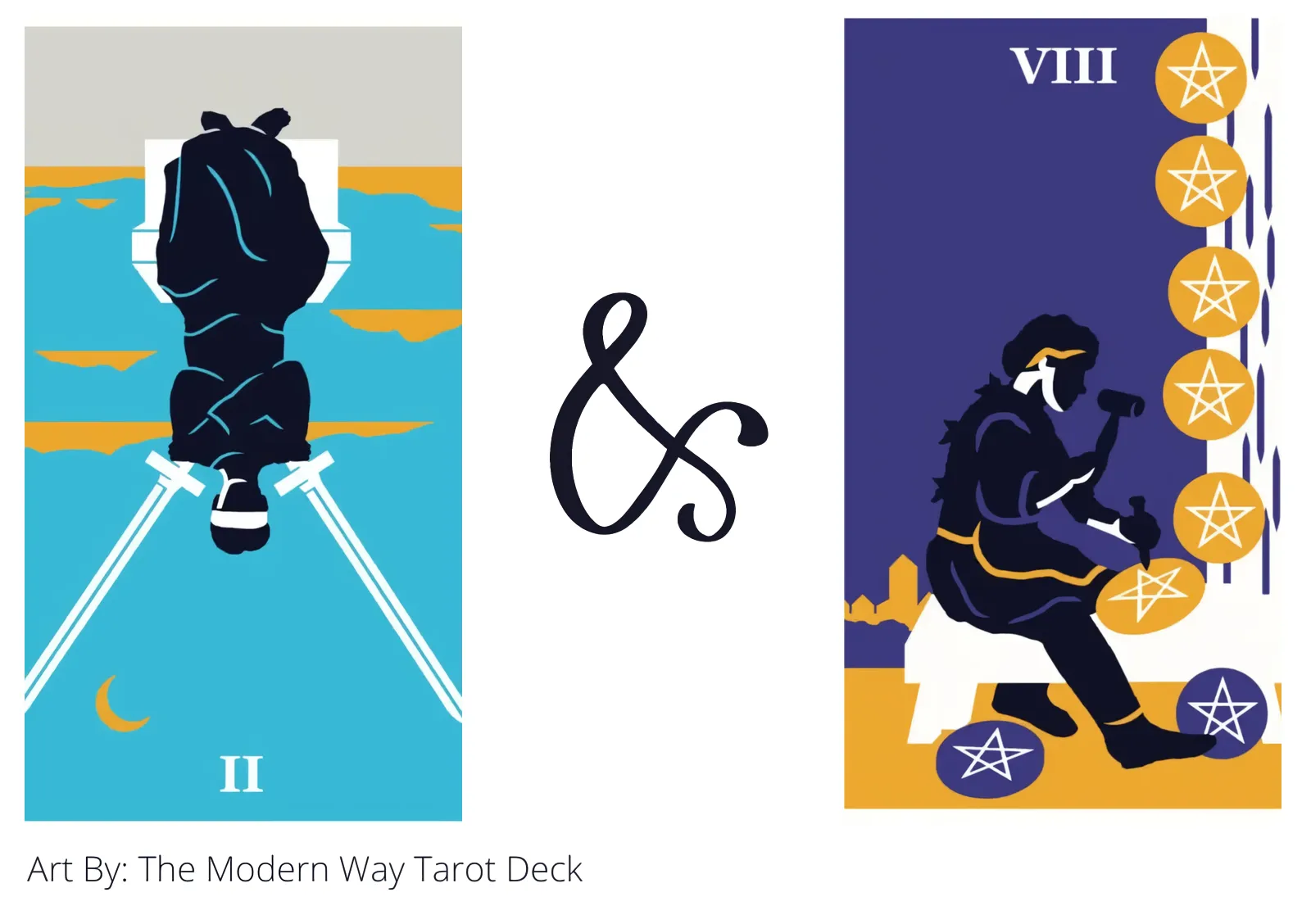 two of swords reversed and eight of pentacles tarot cards together