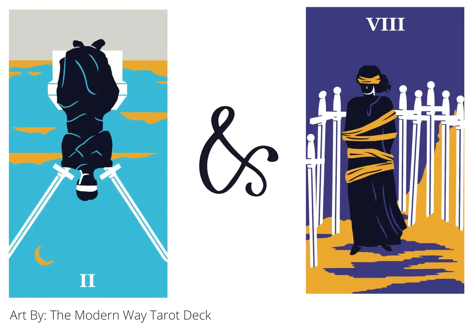 two of swords reversed and eight of swords tarot cards together