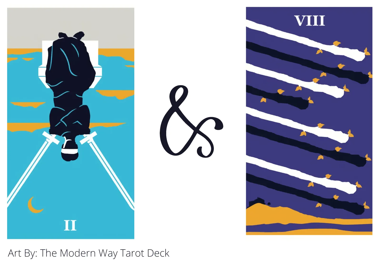 two of swords reversed and eight of wands tarot cards together