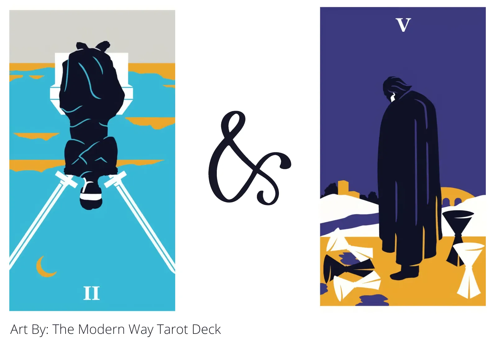 two of swords reversed and five of cups tarot cards together