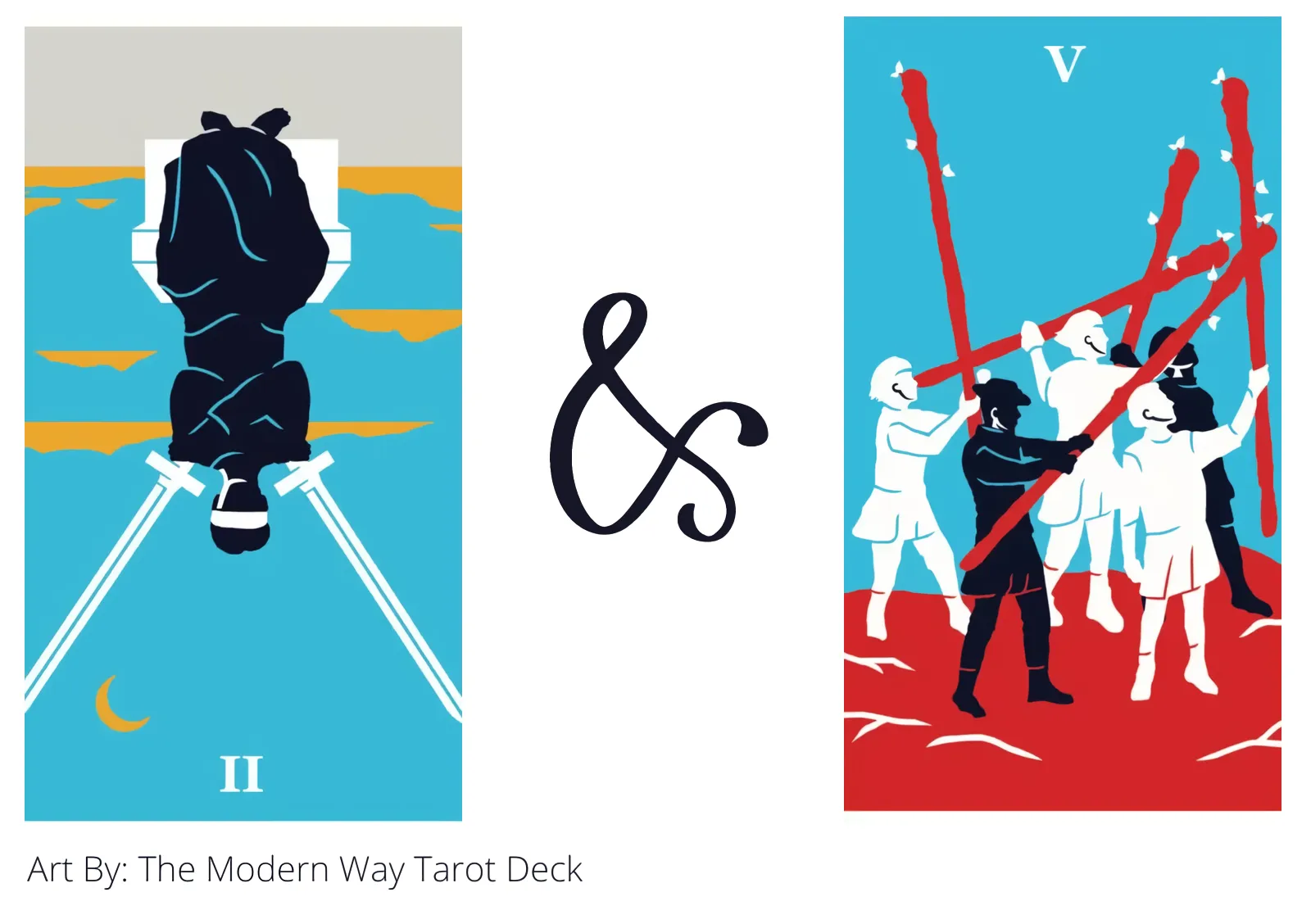 two of swords reversed and five of wands tarot cards together
