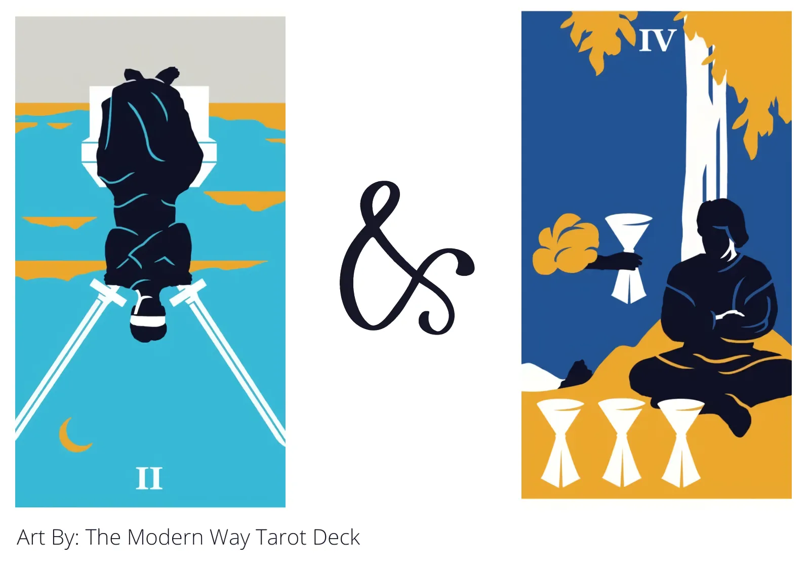 two of swords reversed and four of cups tarot cards together