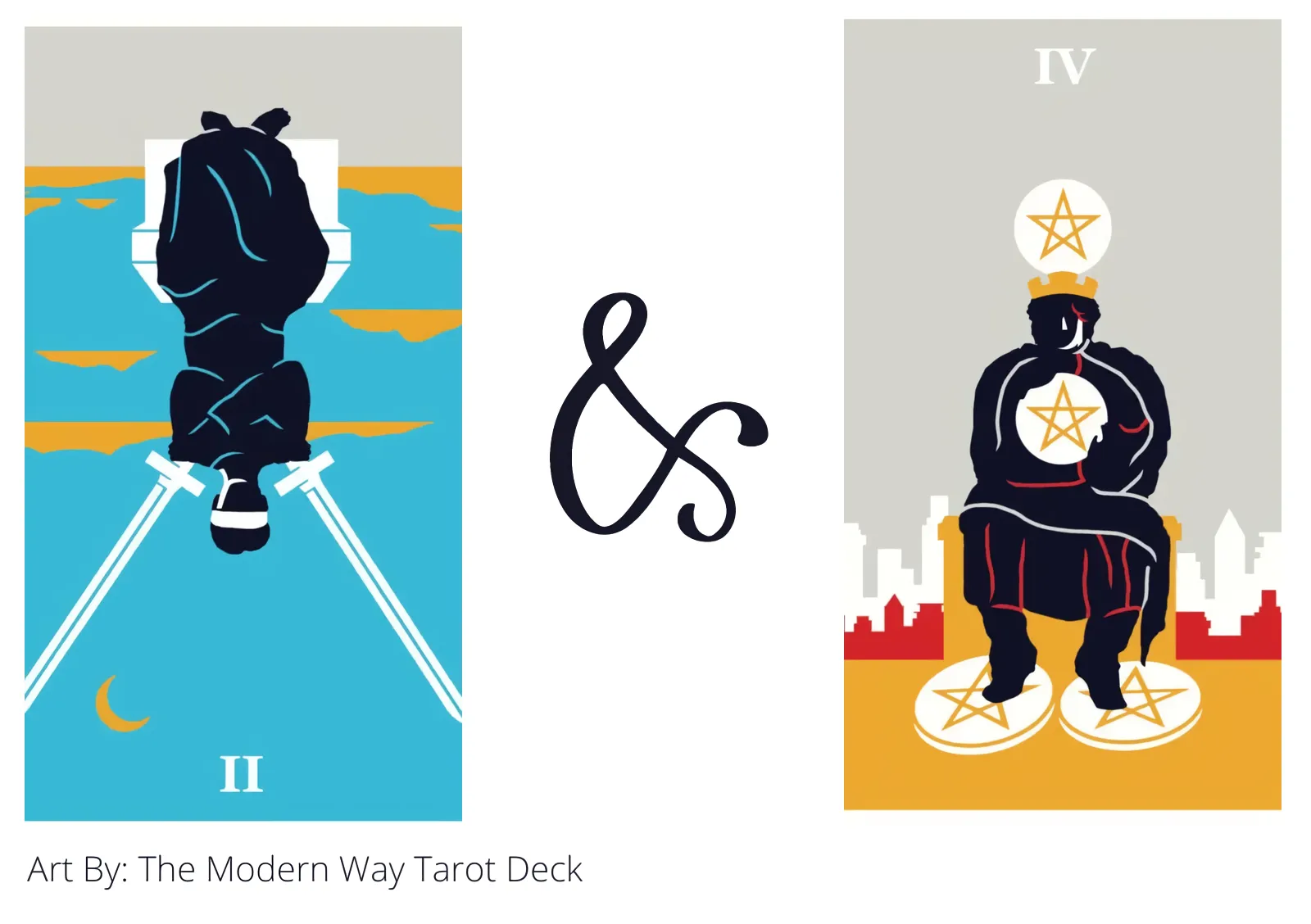 two of swords reversed and four of pentacles tarot cards together