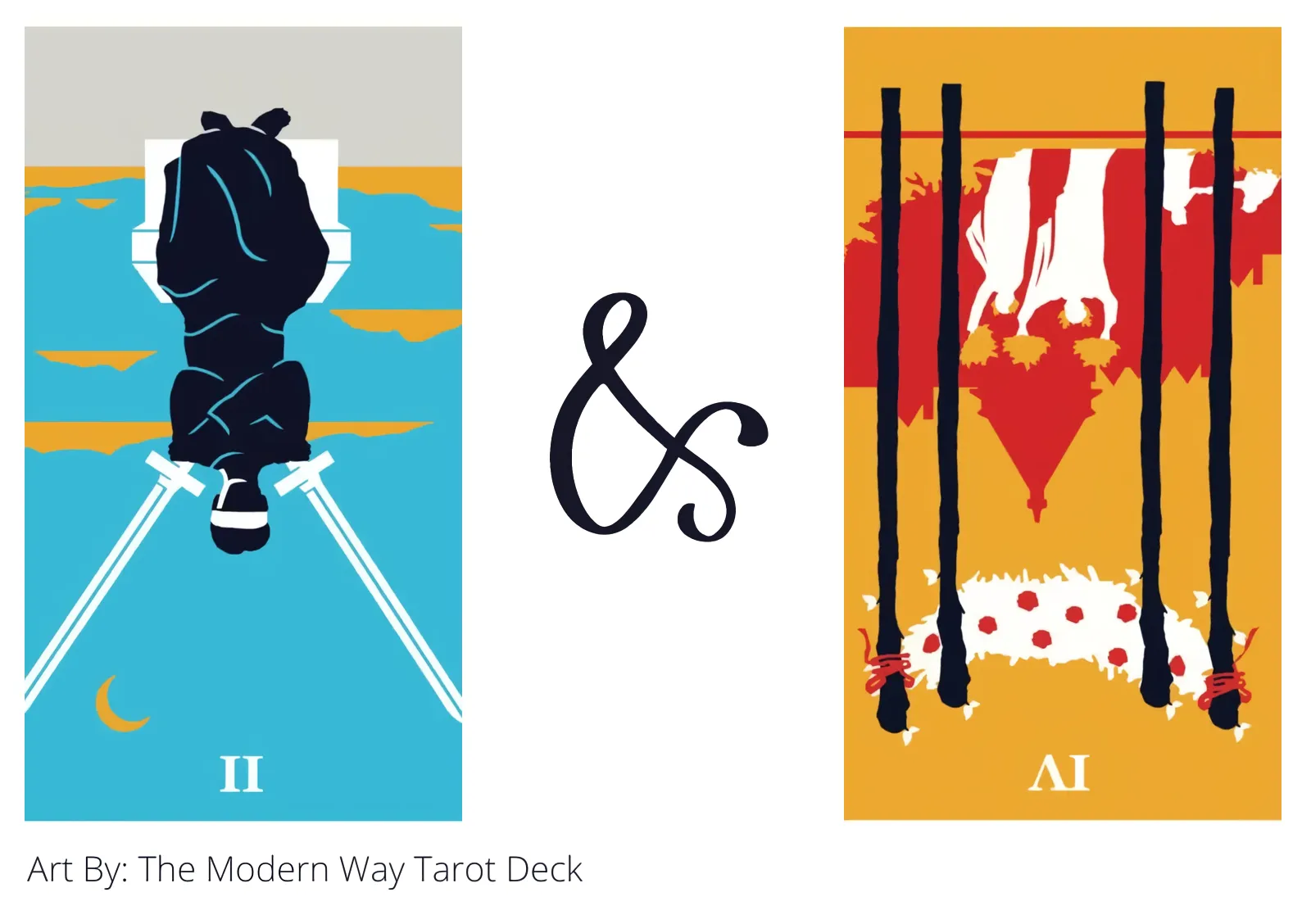 two of swords reversed and four of wands reversed tarot cards together