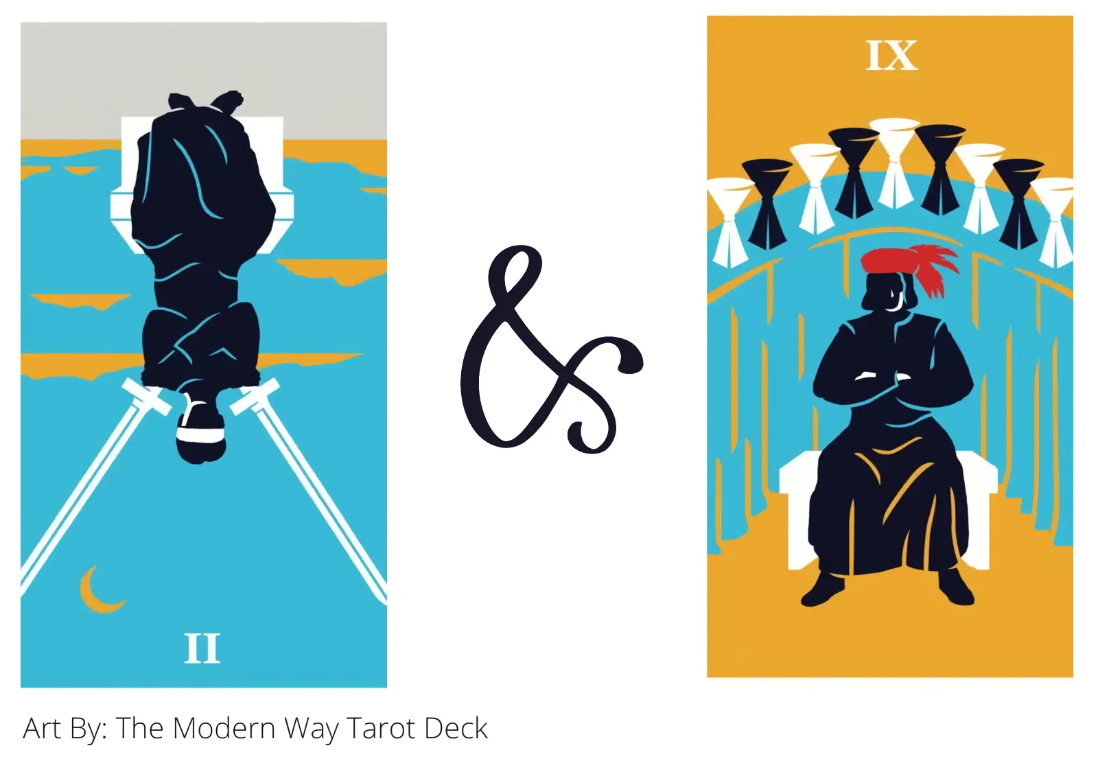 two of swords reversed and nine of cups tarot cards together