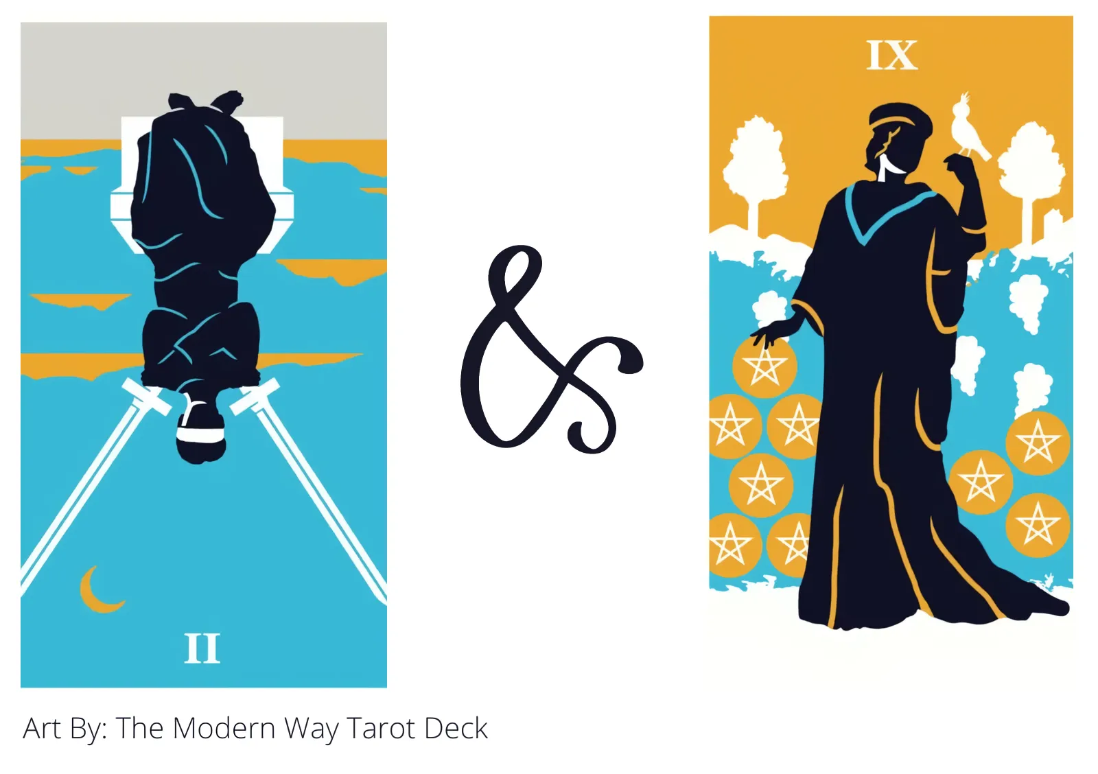 two of swords reversed and nine of pentacles tarot cards together