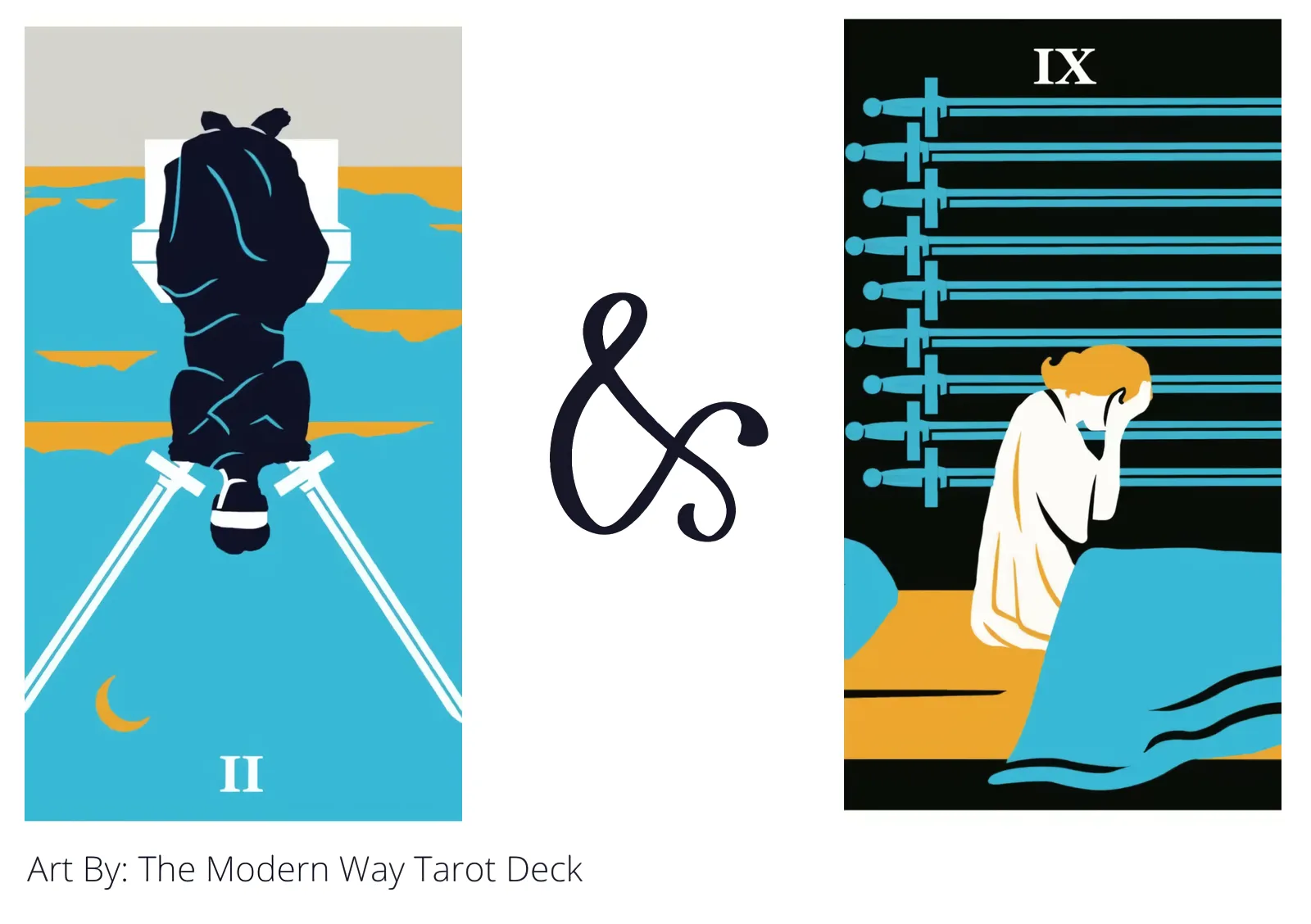 two of swords reversed and nine of swords tarot cards together