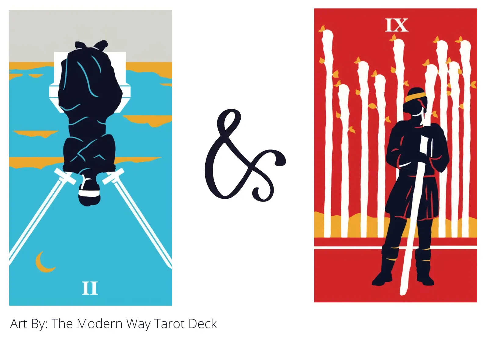 two of swords reversed and nine of wands tarot cards together