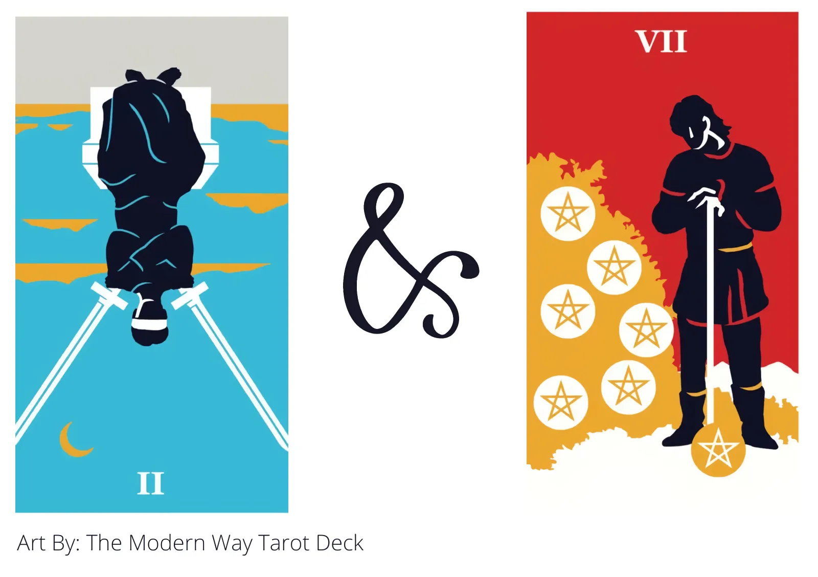 two of swords reversed and seven of pentacles tarot cards together