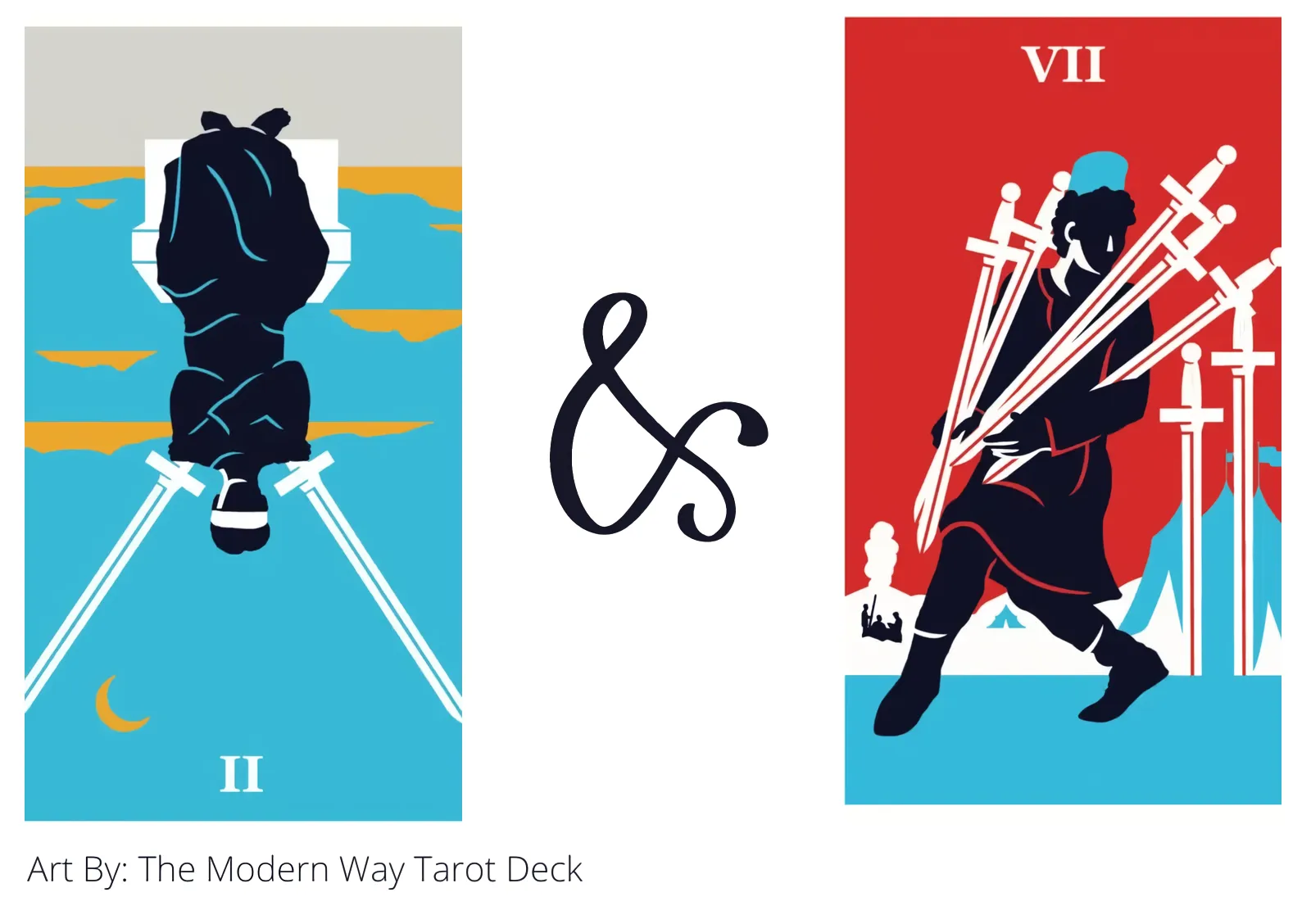 two of swords reversed and seven of swords tarot cards together