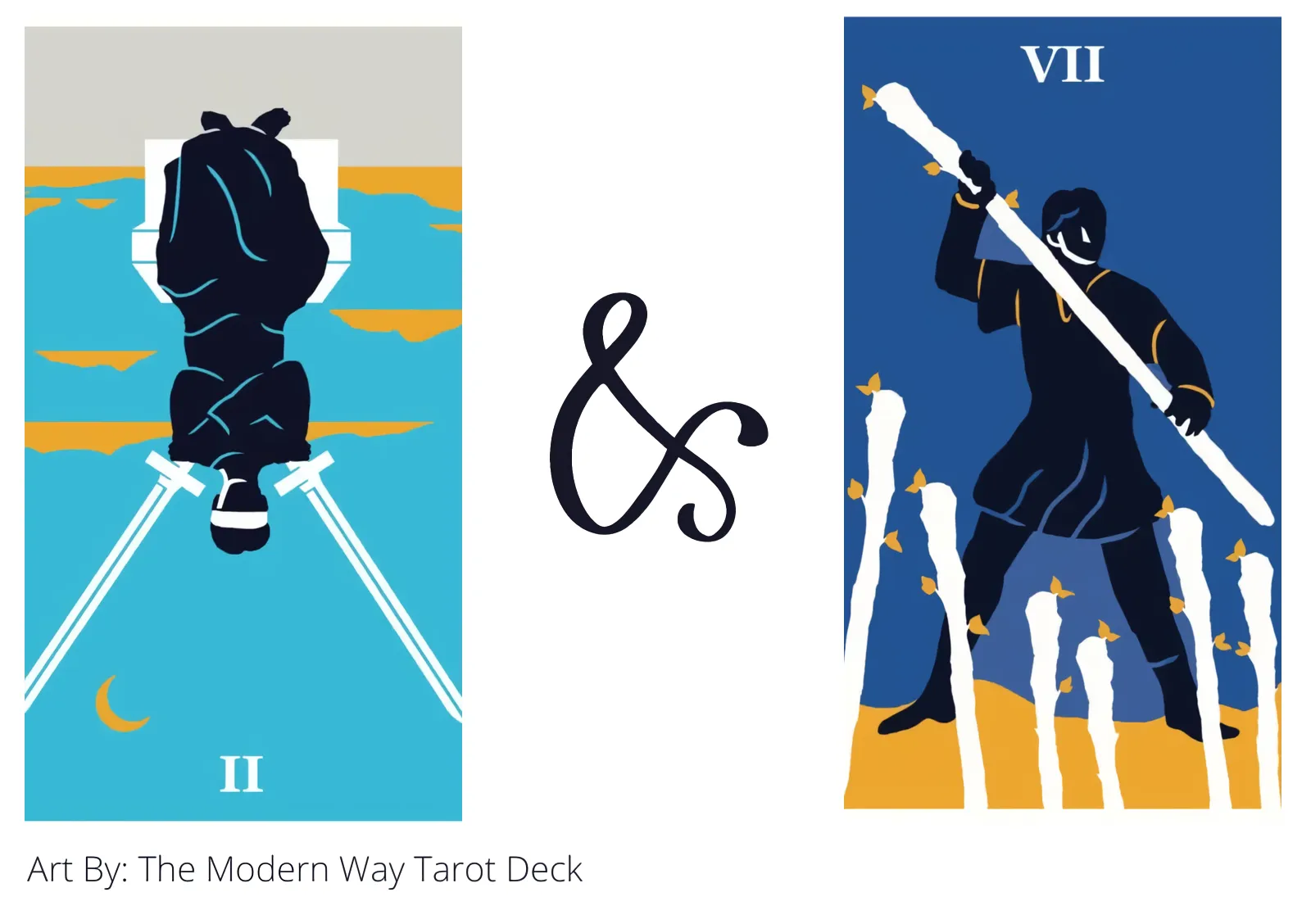 two of swords reversed and seven of wands tarot cards together