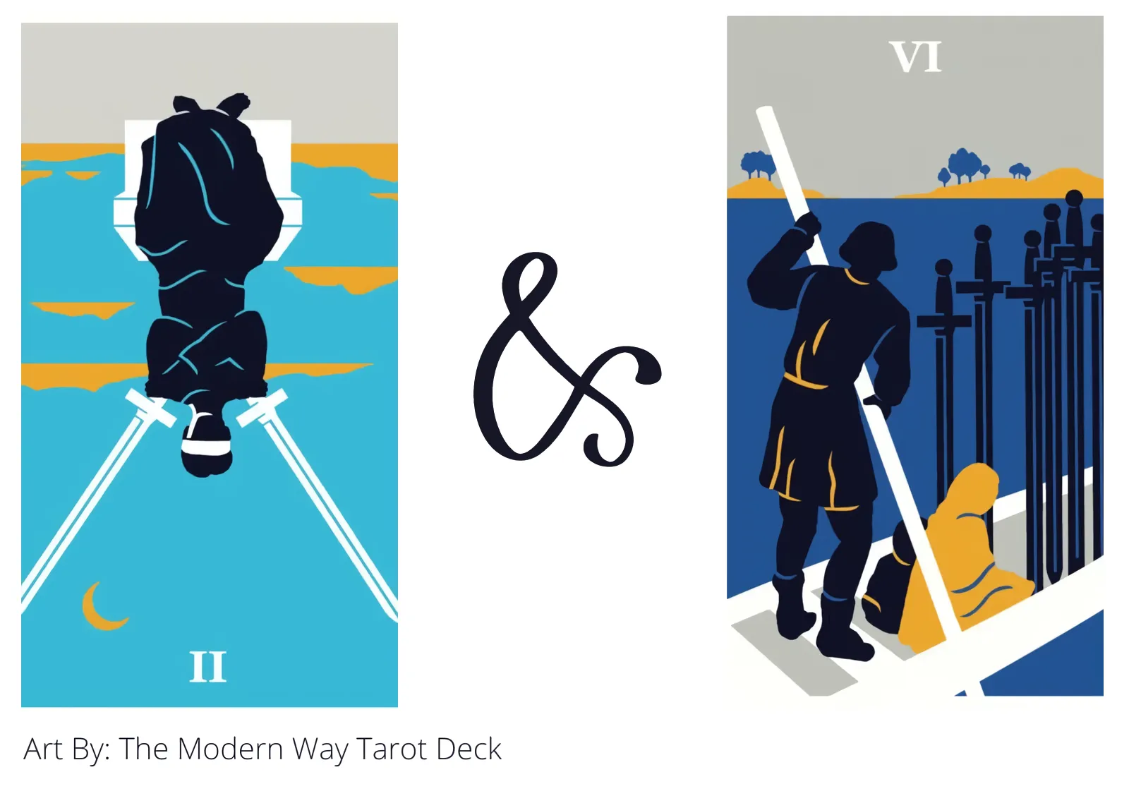 two of swords reversed and six of swords tarot cards together