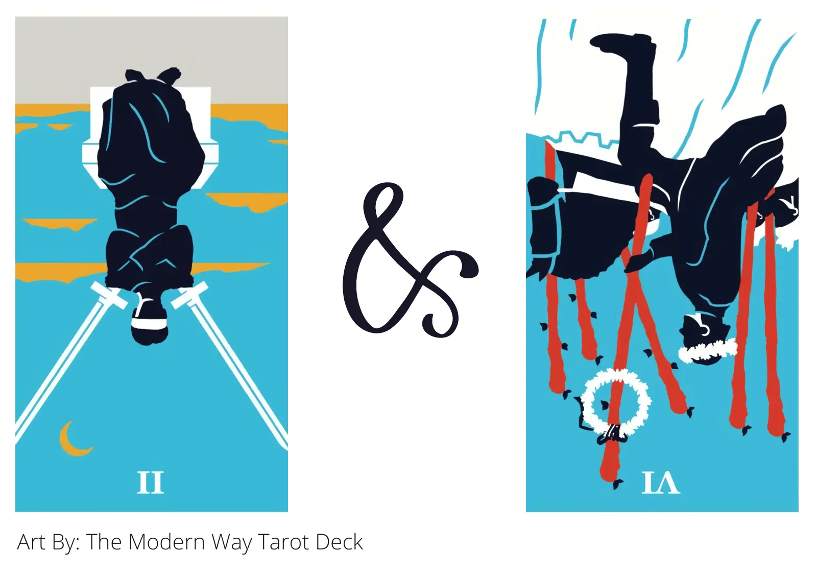 two of swords reversed and six of wands reversed tarot cards together