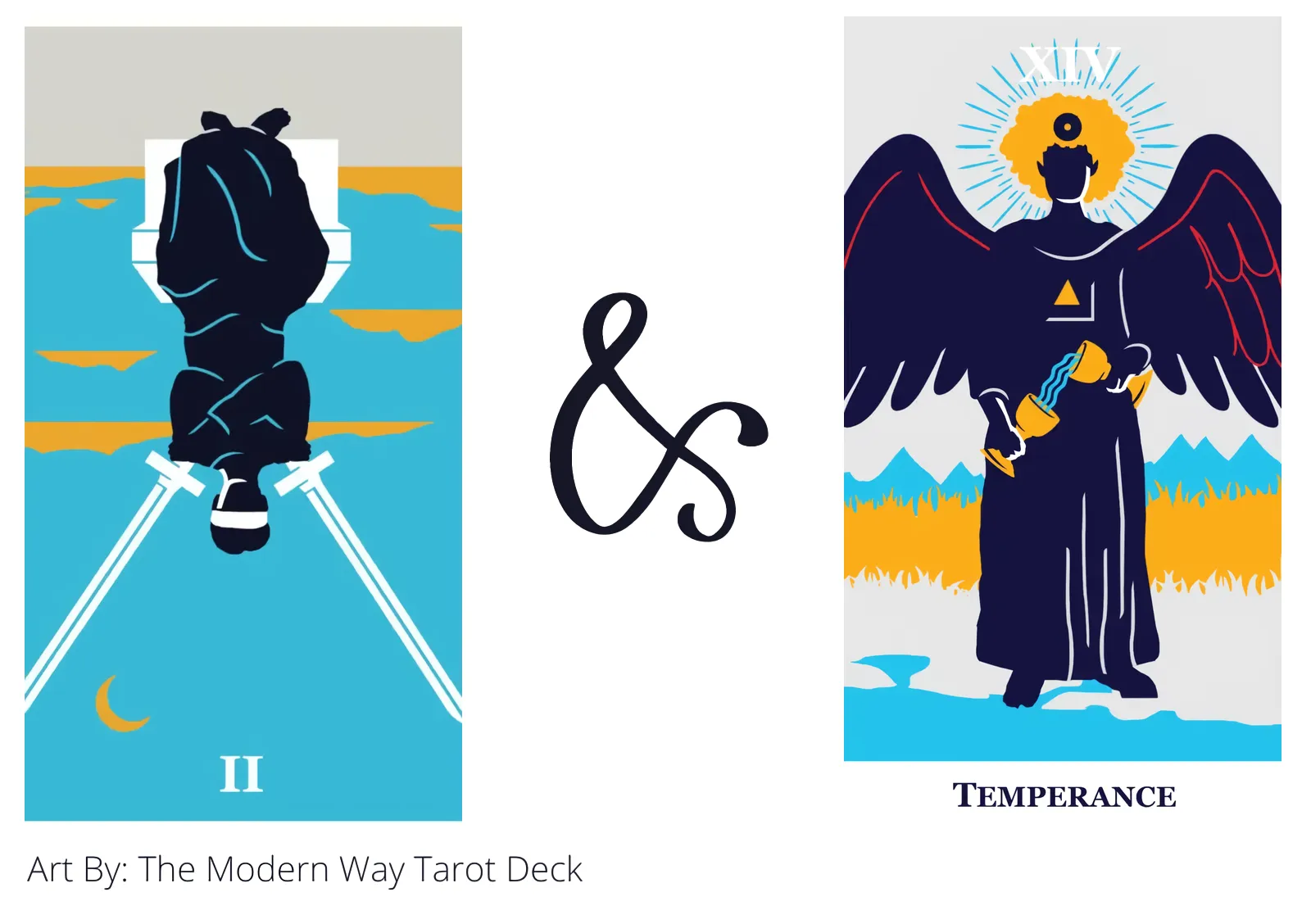 two of swords reversed and temperance tarot cards together