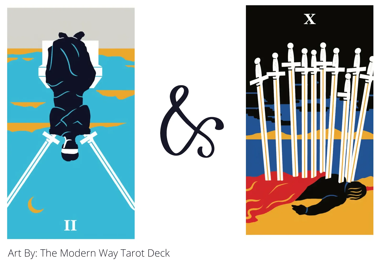 two of swords reversed and ten of swords tarot cards together