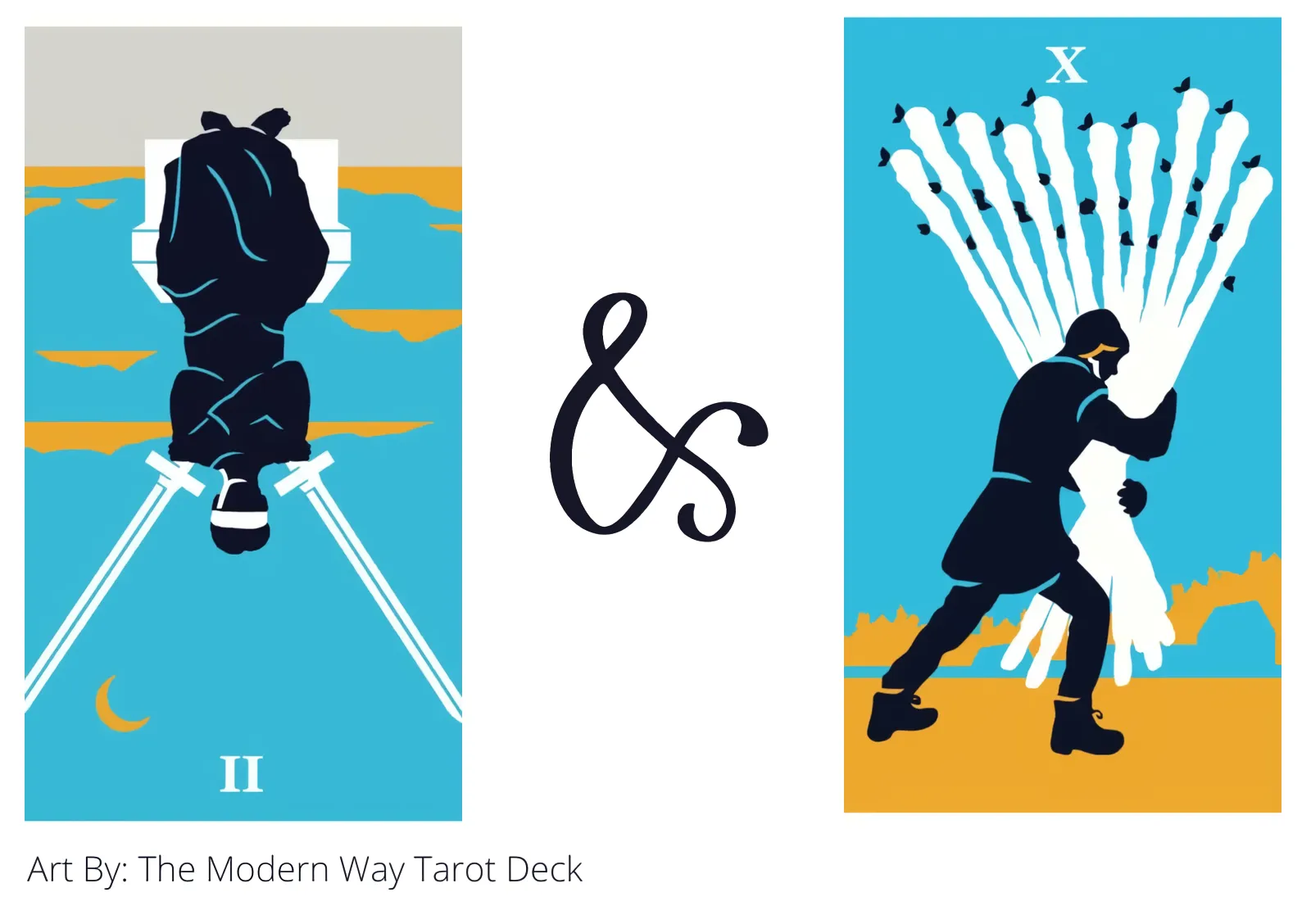 two of swords reversed and ten of wands tarot cards together
