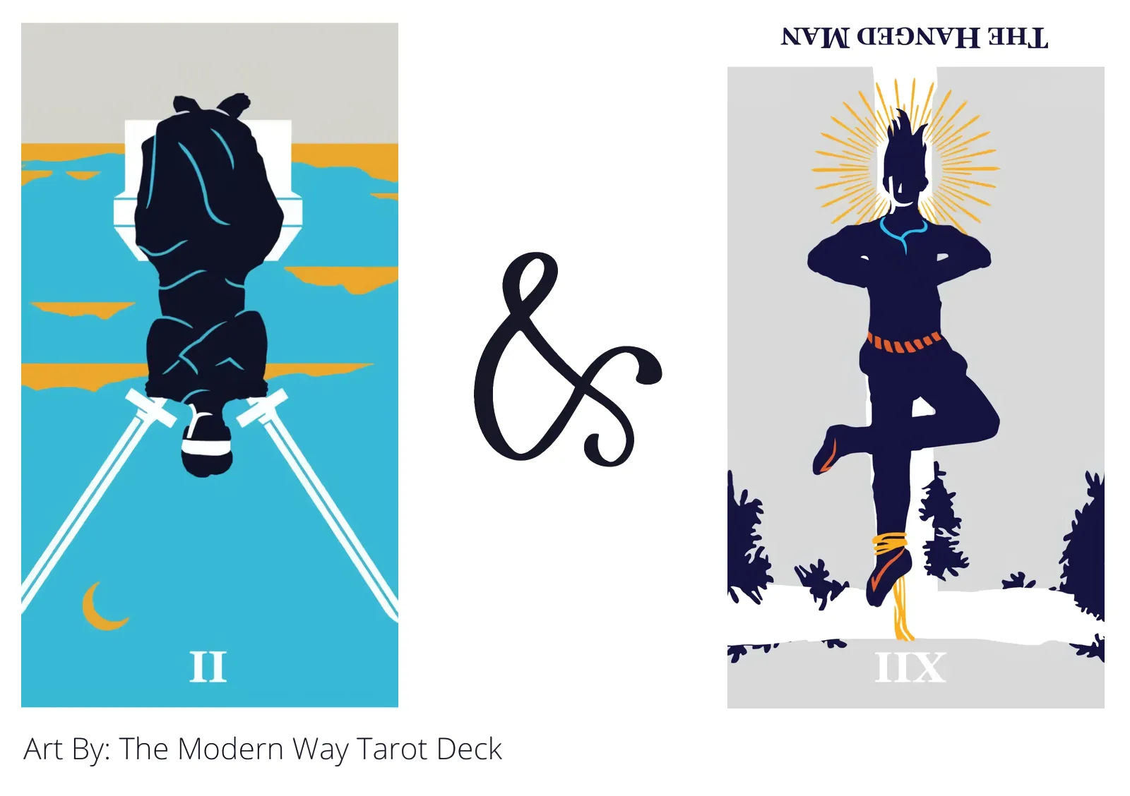 two of swords reversed and the hanged man reversed tarot cards together