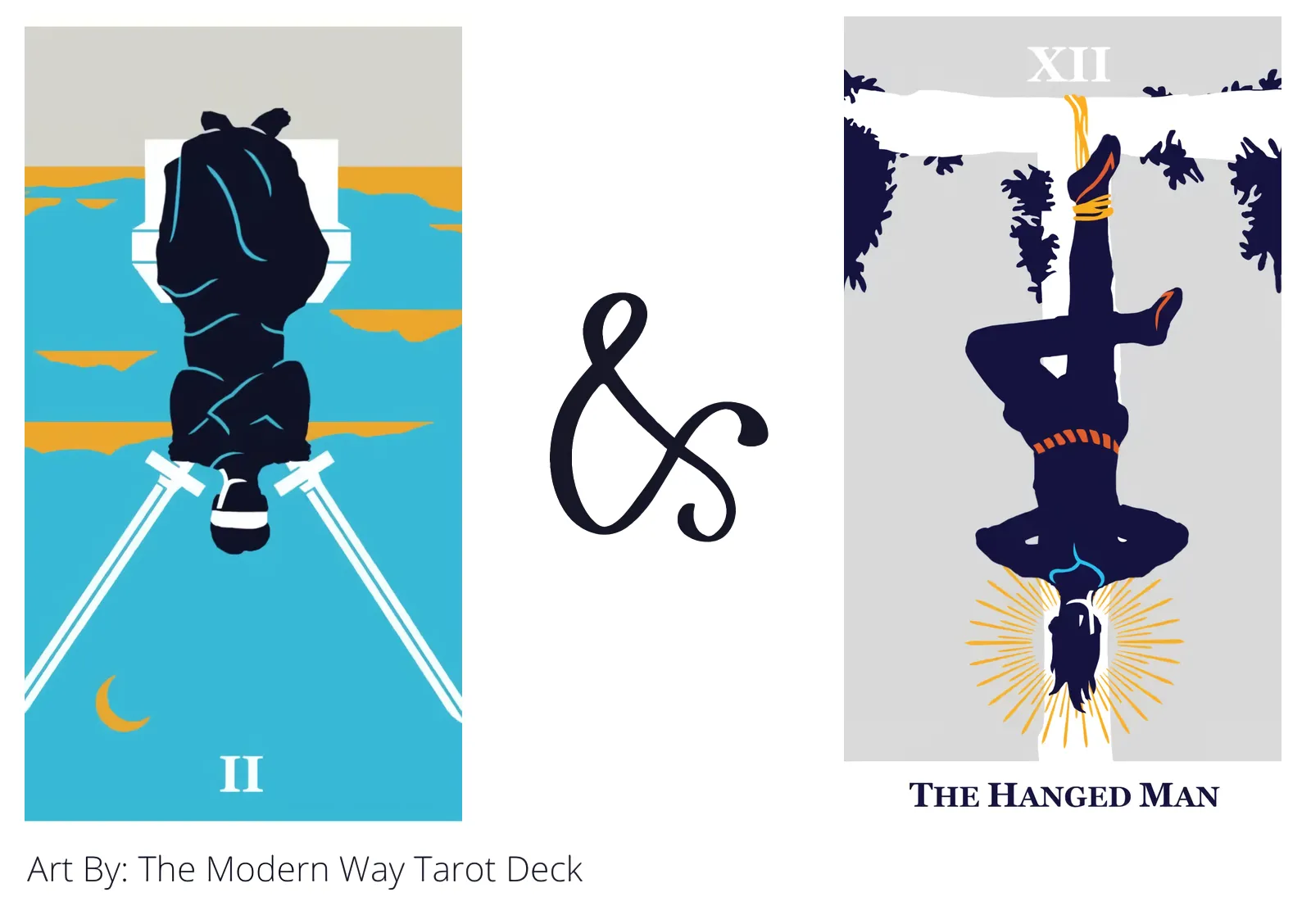 two of swords reversed and the hanged man tarot cards together