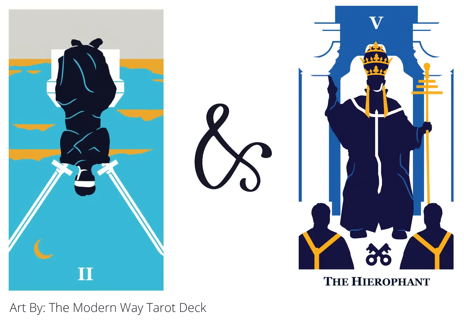 two of swords reversed and the hierophant tarot cards together