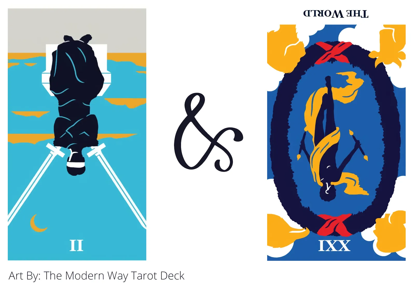 two of swords reversed and the world reversed tarot cards together