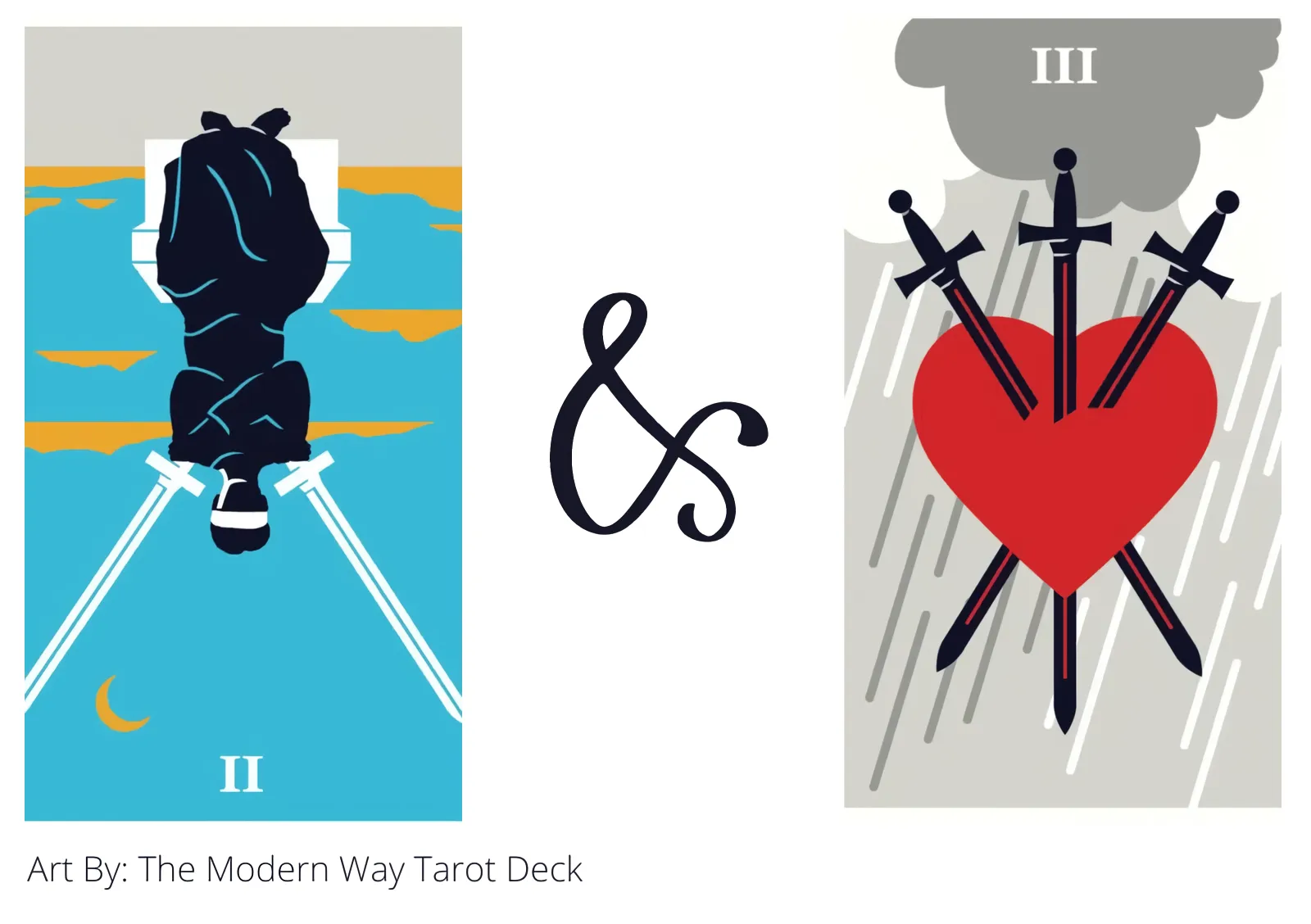 two of swords reversed and three of swords tarot cards together