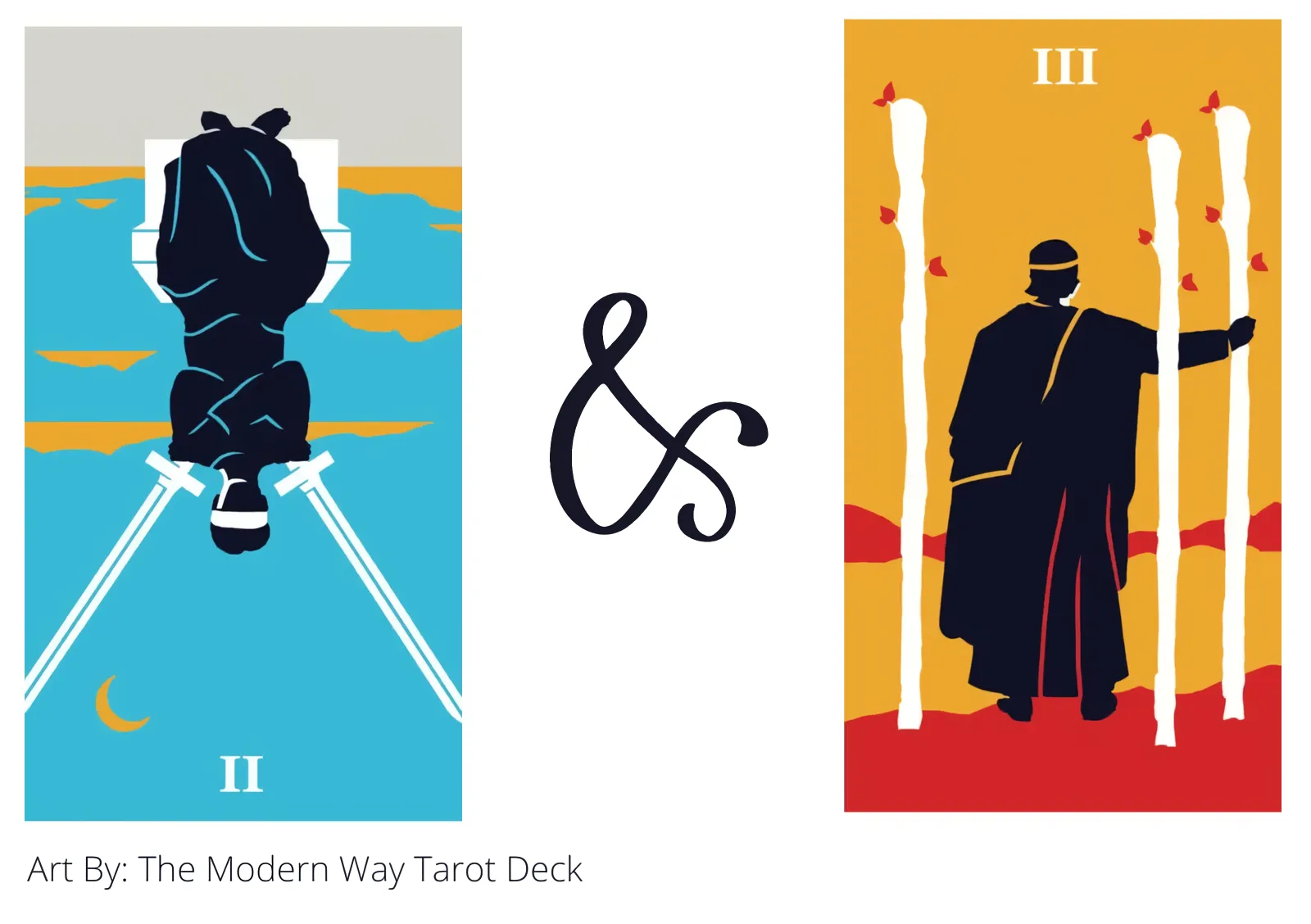 two of swords reversed and three of wands tarot cards together