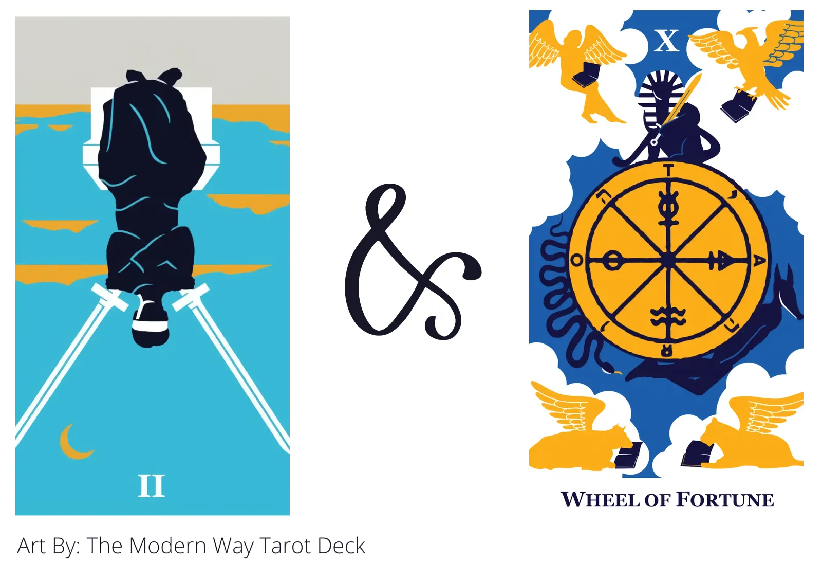 two of swords reversed and wheel of fortune tarot cards together