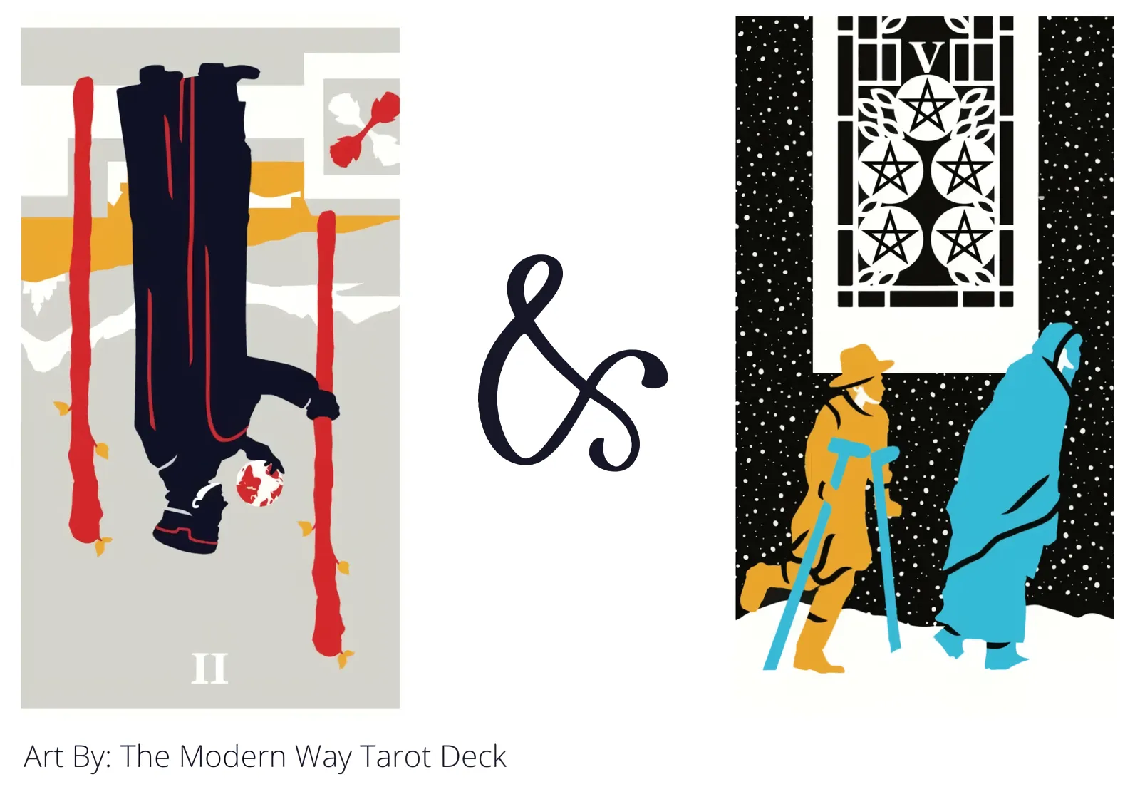 two of wands reversed and five of pentacles tarot cards together