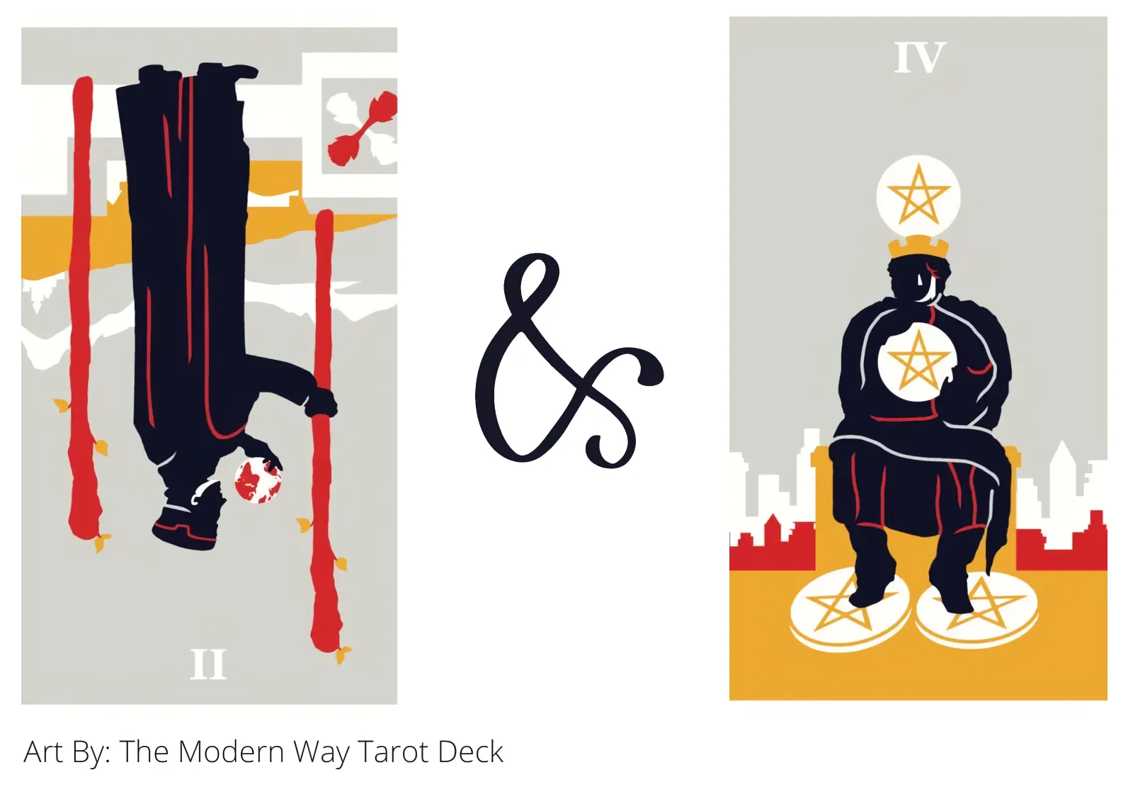 two of wands reversed and four of pentacles tarot cards together